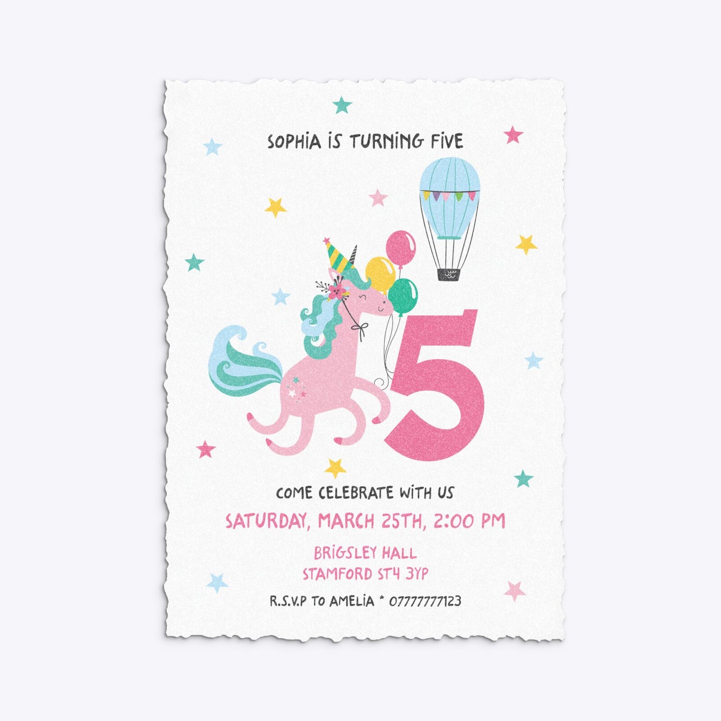 Unicorn Personalised Happy Birthday Deckle Invitation Glitter