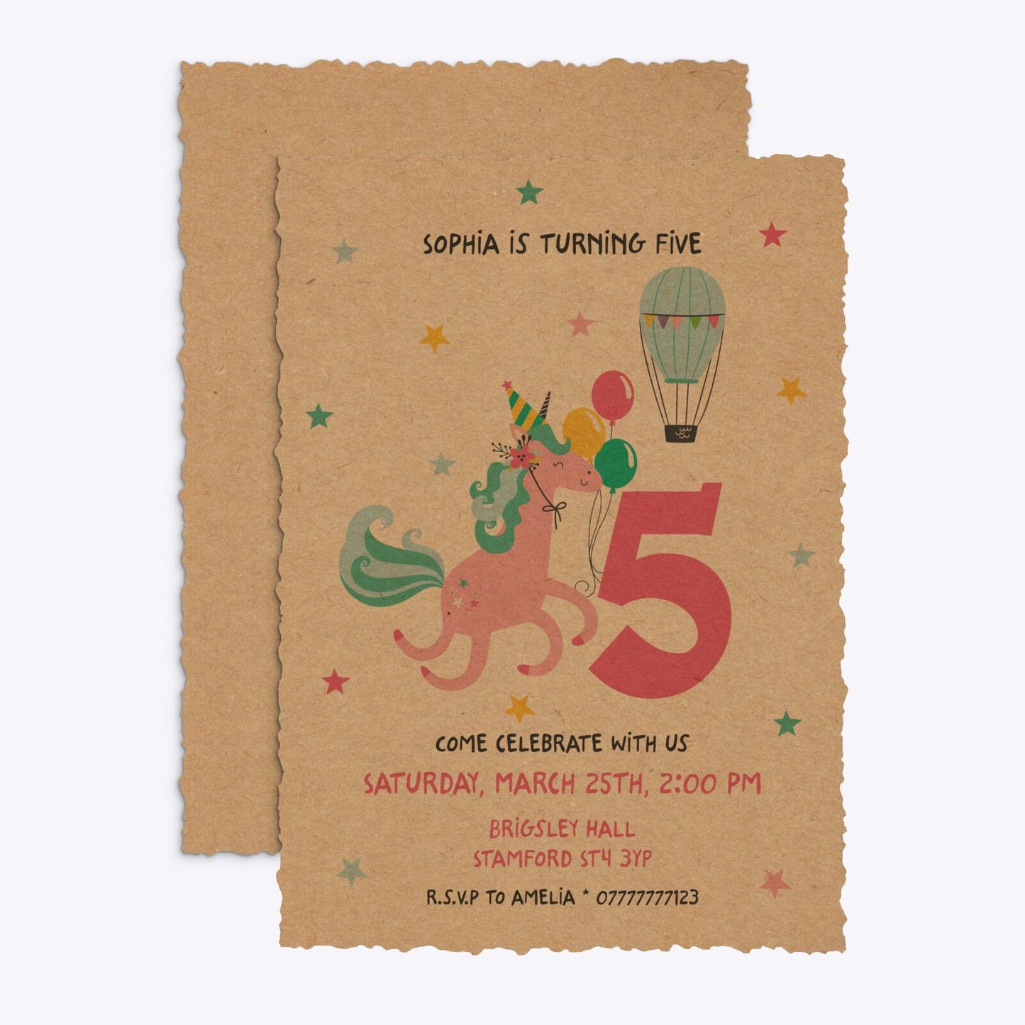 Unicorn Personalised Happy Birthday Deckle Invitation Kraft Front and Back Image