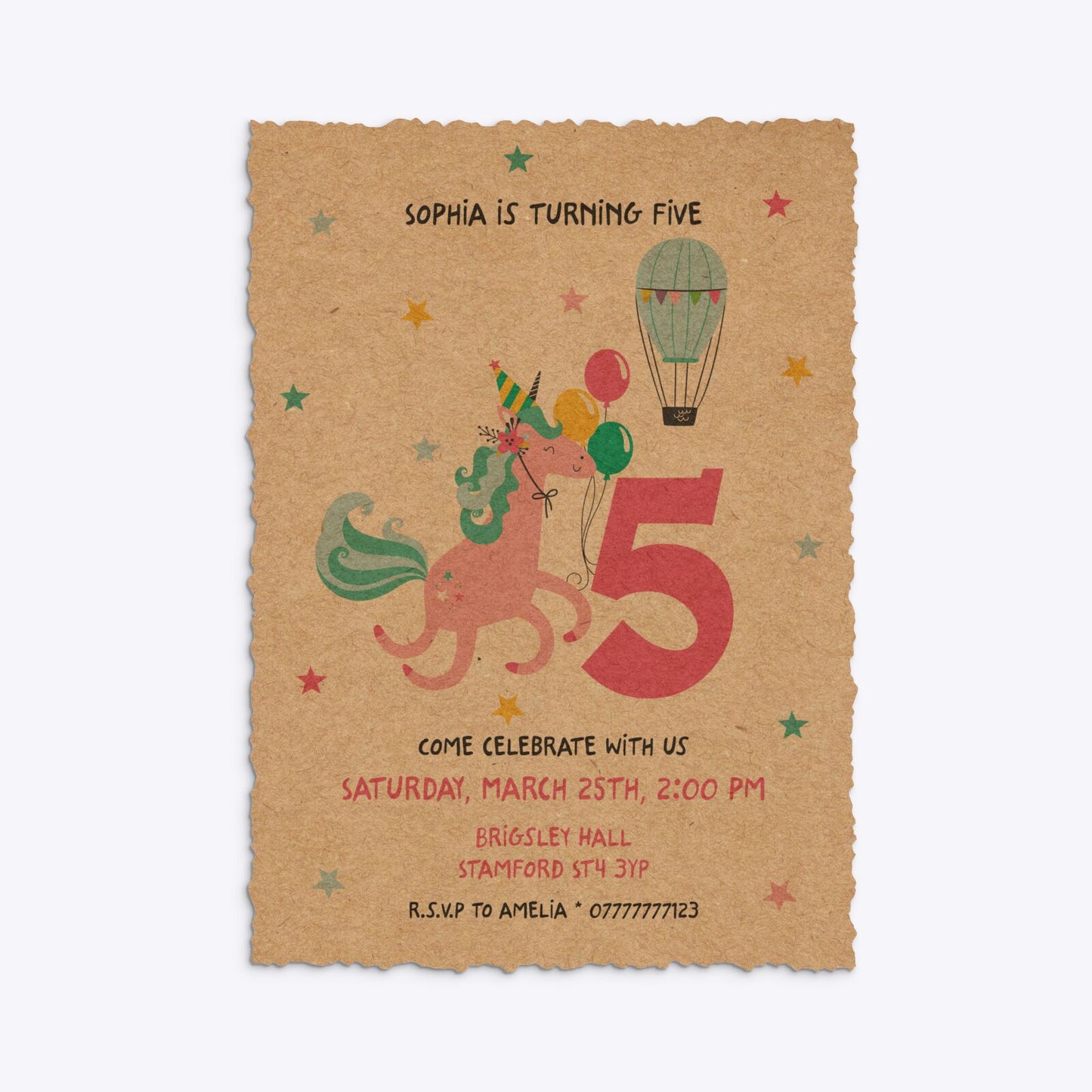Unicorn Personalised Happy Birthday Deckle Invitation Kraft