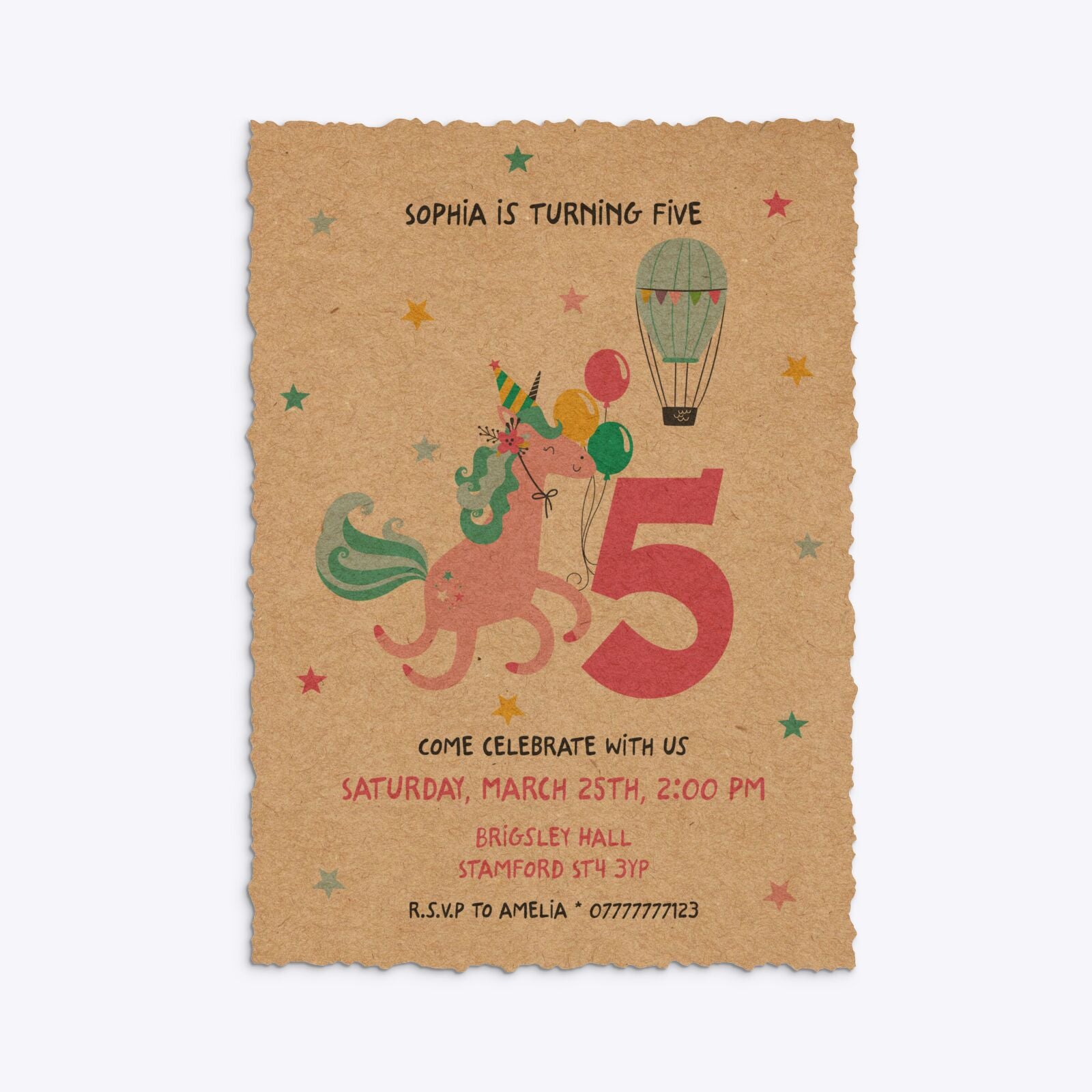 Unicorn Personalised Happy Birthday Deckle Invitation Kraft