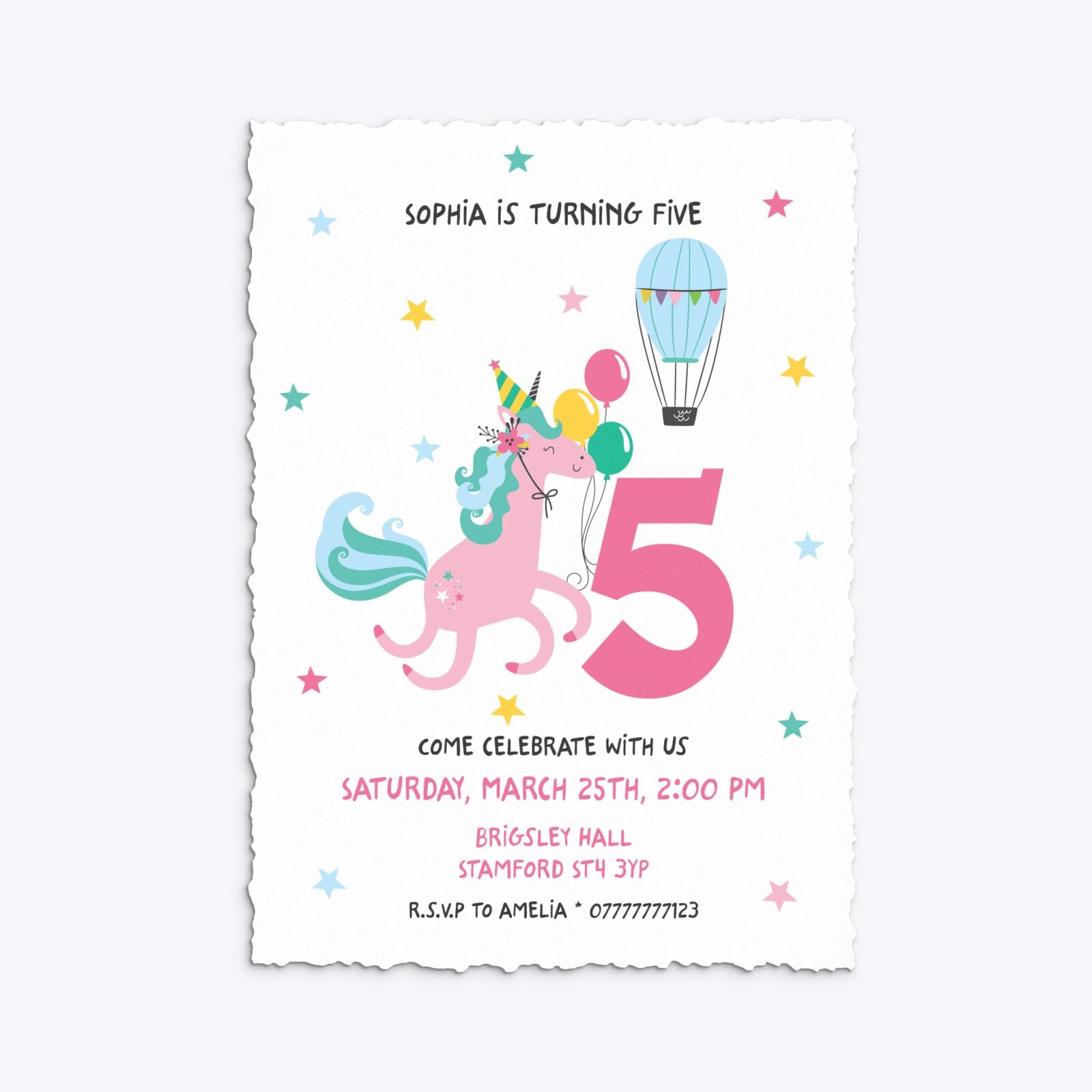 Unicorn Personalised Happy Birthday Deckle Invitation Matte Paper