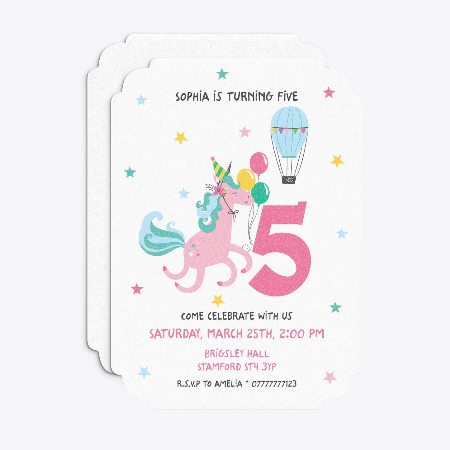 Unicorn Personalised Happy Birthday Deco Invitation Glitter Front and Back Image