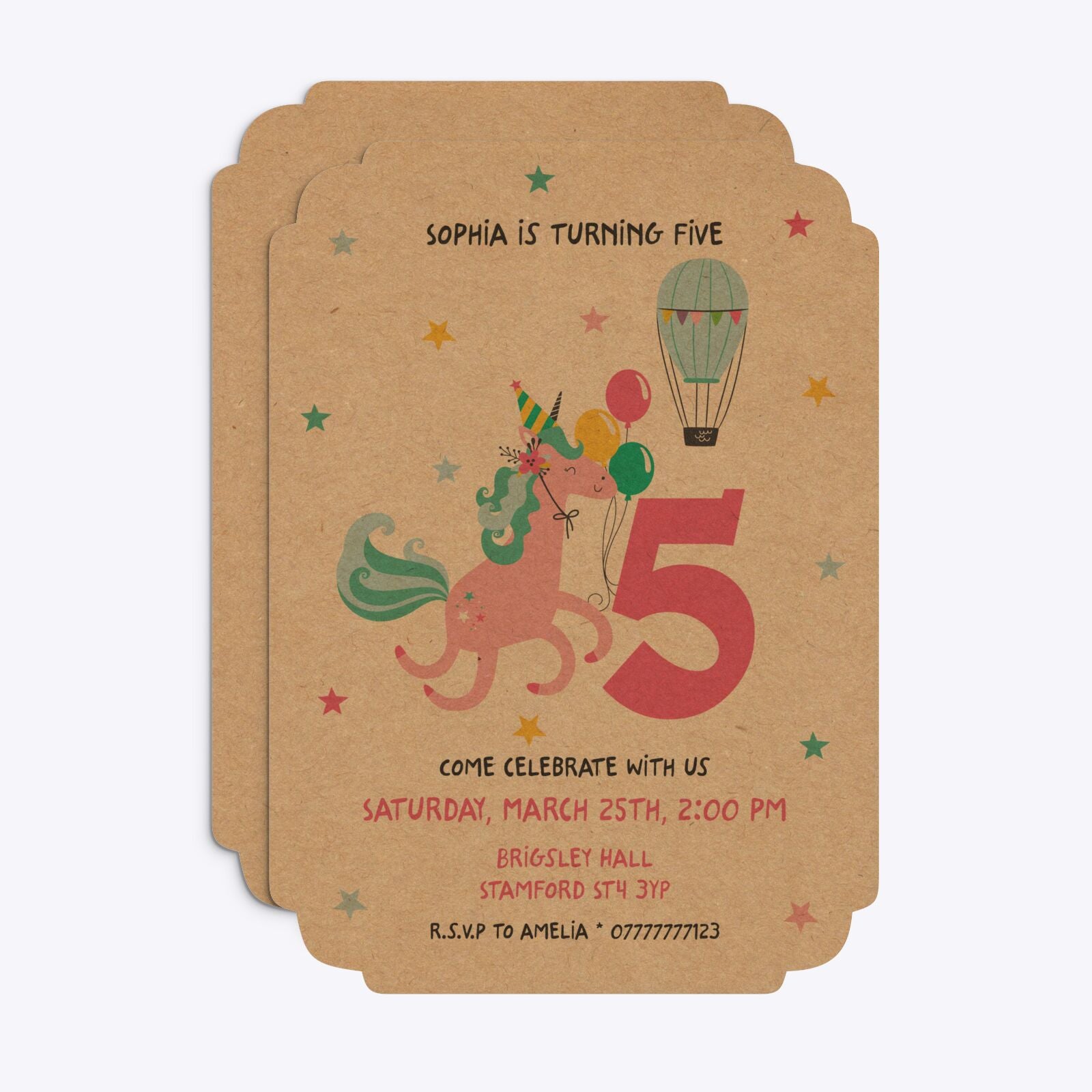 Unicorn Personalised Happy Birthday Deco Invitation Kraft Front and Back Image