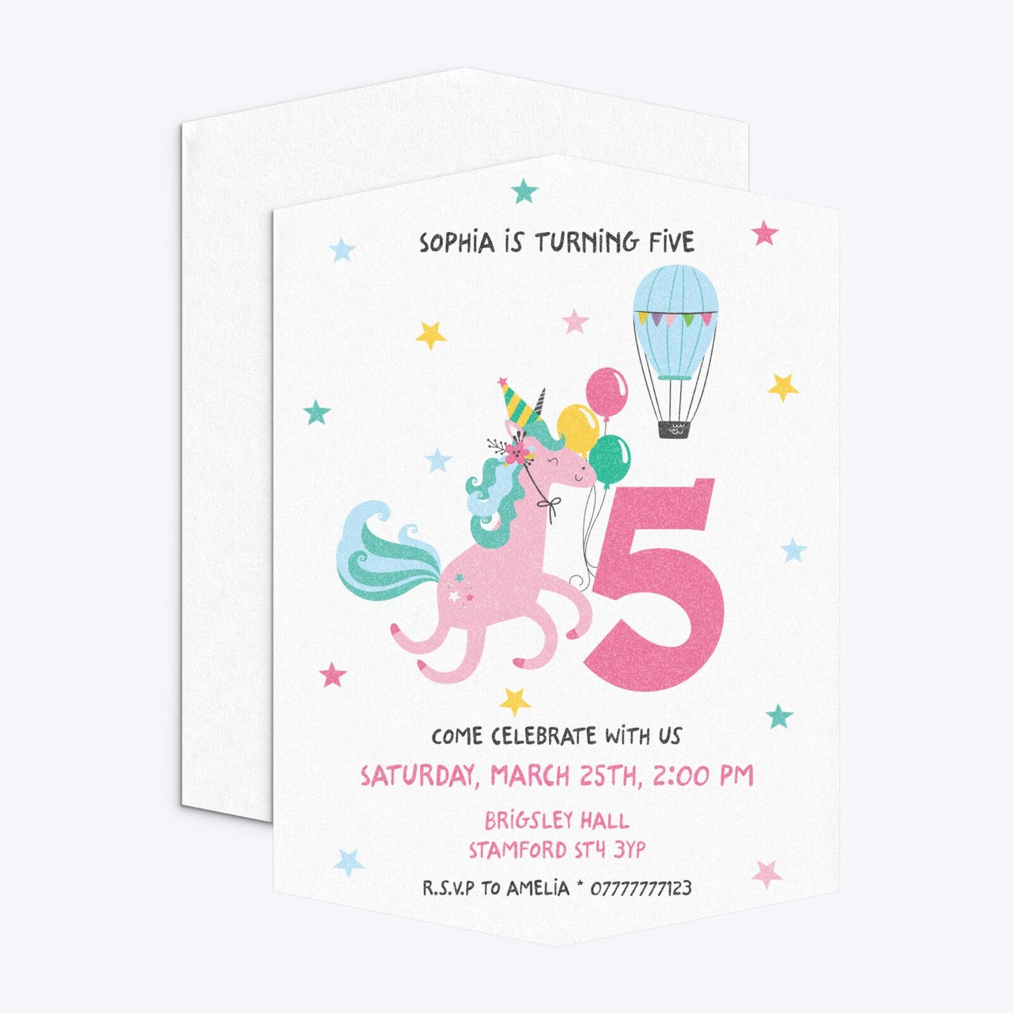 Unicorn Personalised Happy Birthday Geo Invitation Glitter Front and Back Image