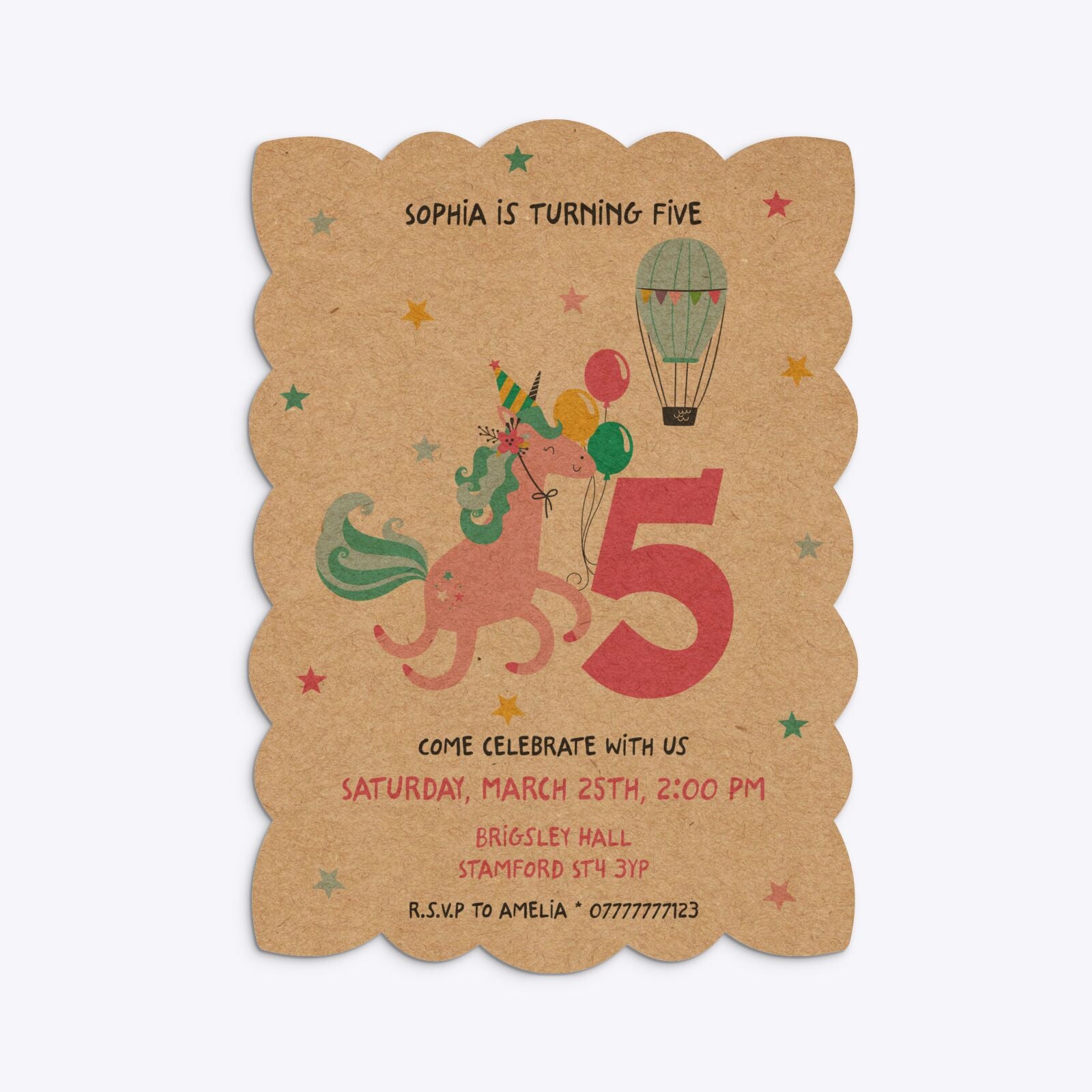 Unicorn Personalised Happy Birthday Petal Invitation Kraft