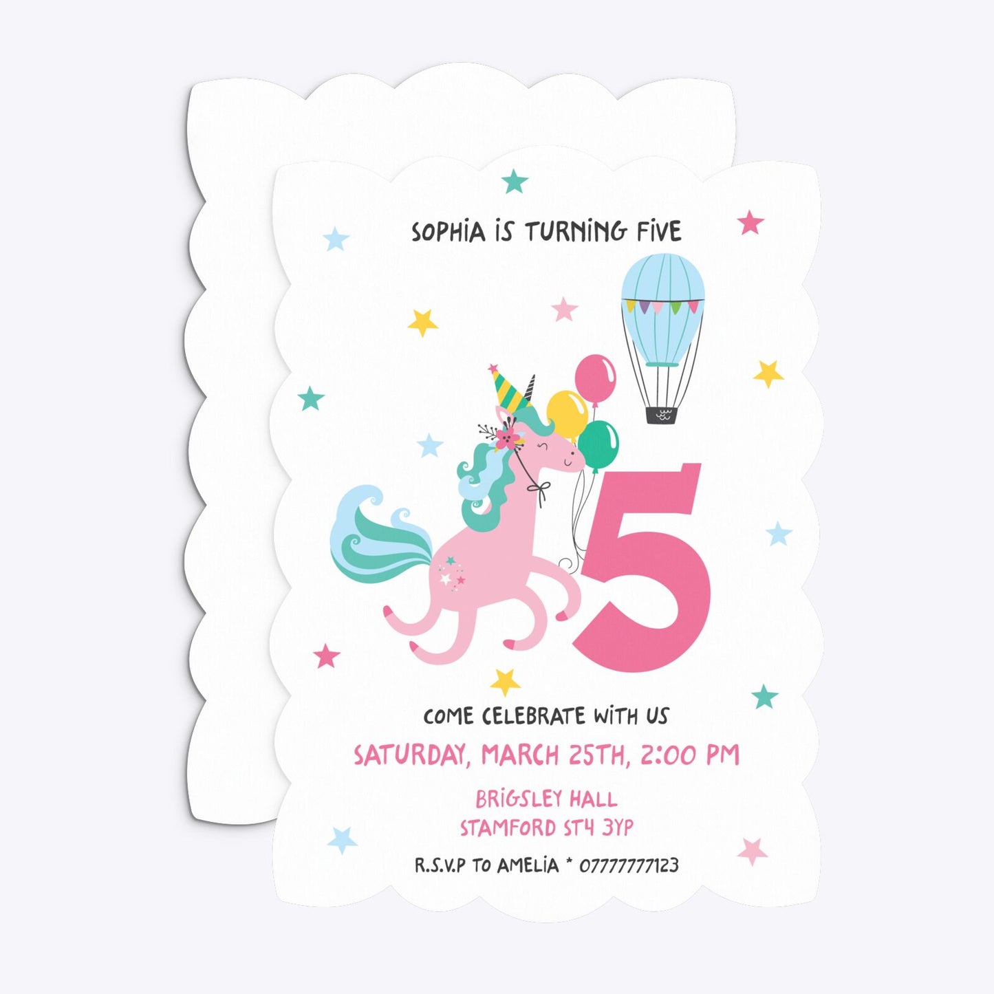 Unicorn Personalised Happy Birthday Petal Invitation Matte Paper Front and Back Image