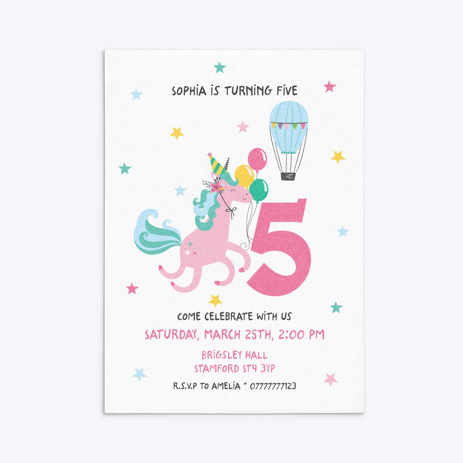 Unicorn Personalised Happy Birthday Rectangle Invitation Glitter