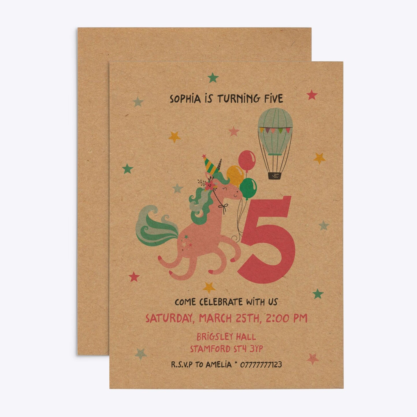 Unicorn Personalised Happy Birthday Rectangle Invitation Kraft Front and Back Image