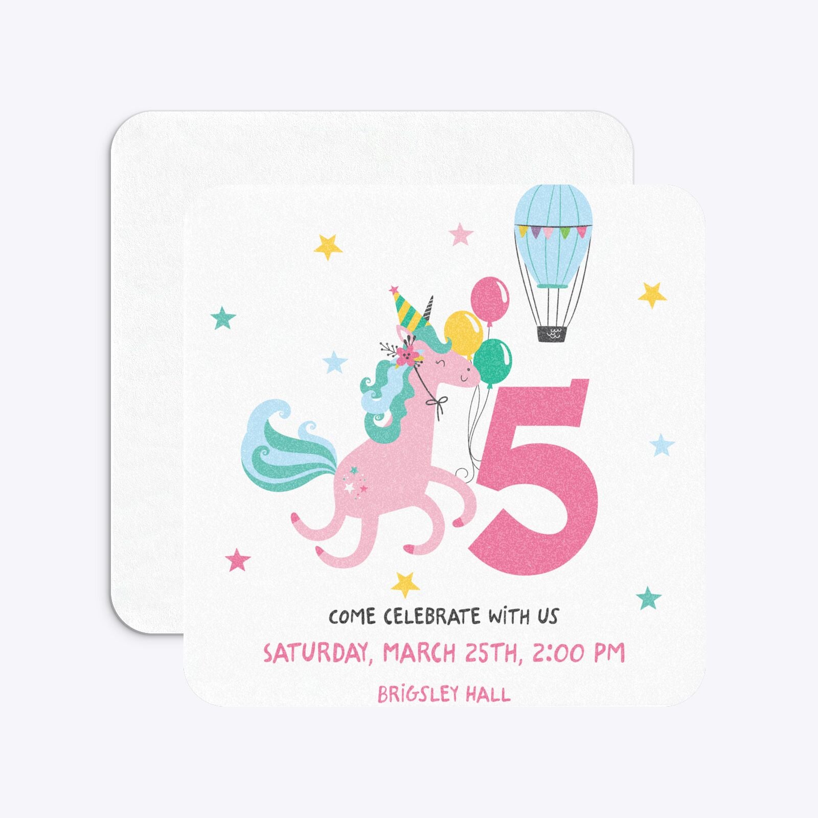 Unicorn Personalised Happy Birthday Rounded 5 25x5 25 Invitation Glitter Front and Back Image