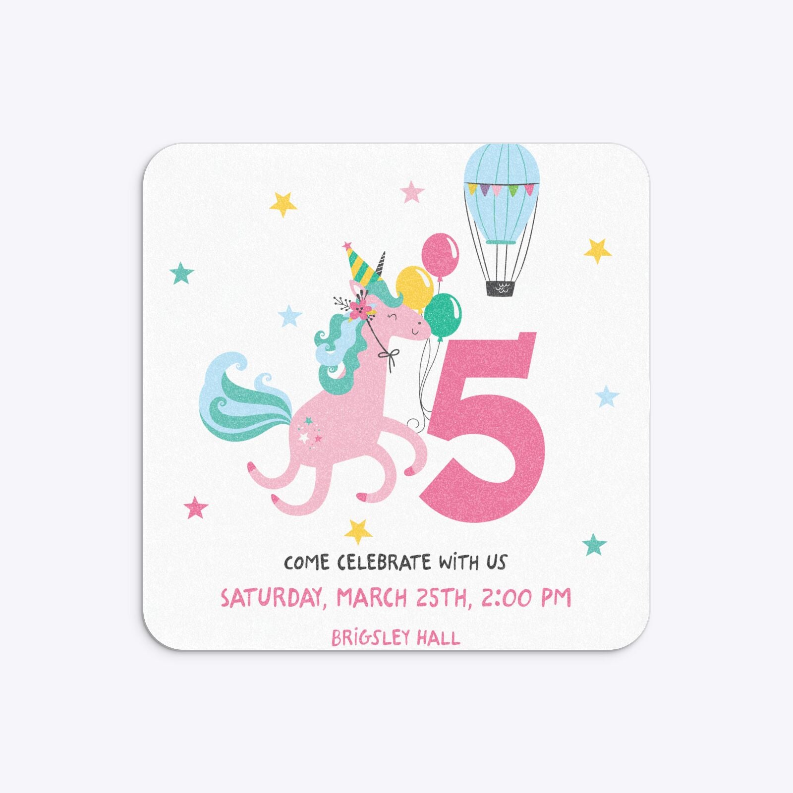 Unicorn Personalised Happy Birthday Rounded 5 25x5 25 Invitation Glitter