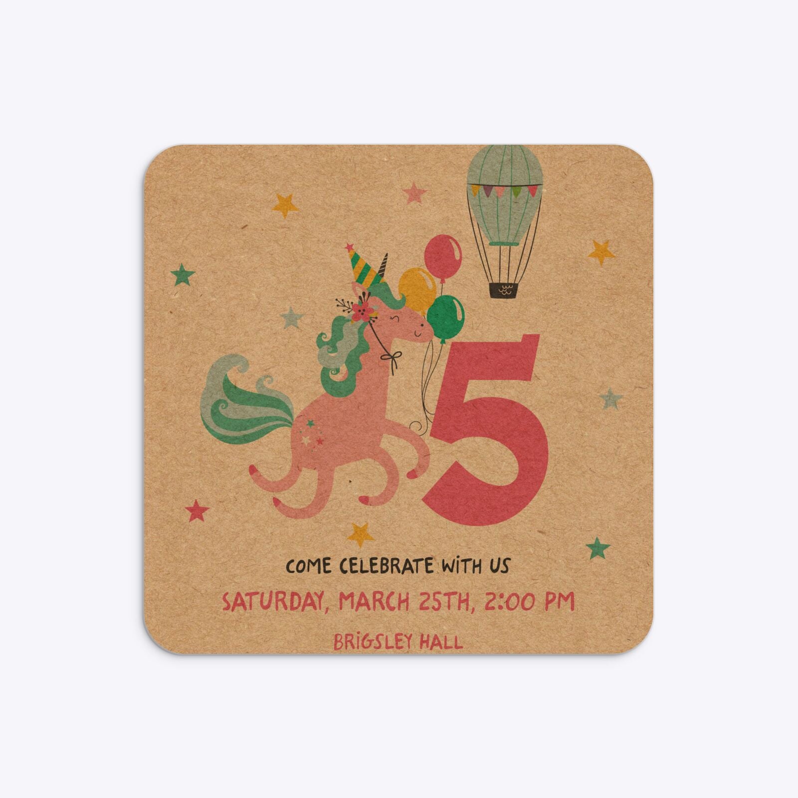Unicorn Personalised Happy Birthday Rounded 5 25x5 25 Invitation Kraft