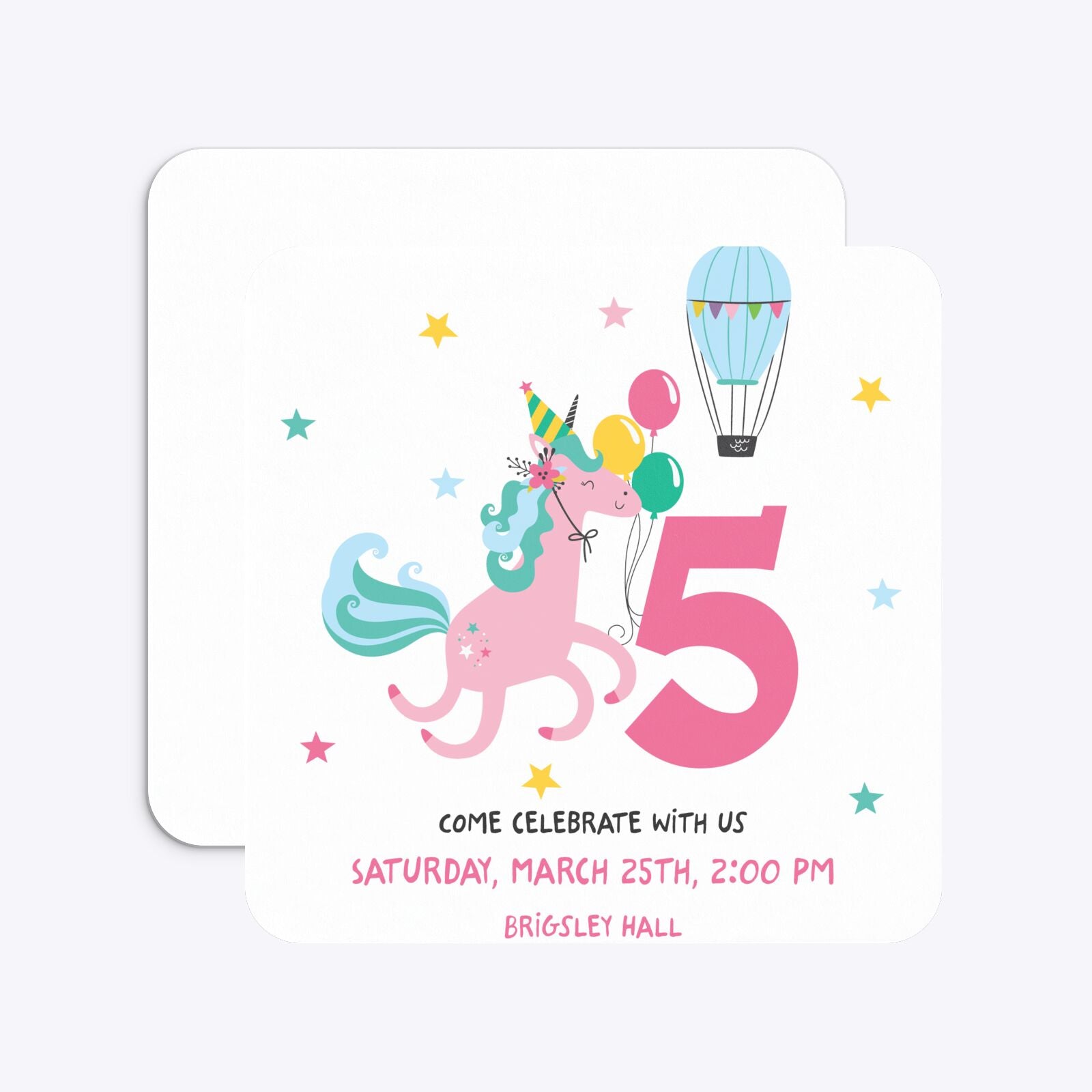 Unicorn Personalised Happy Birthday Rounded 5 25x5 25 Invitation Matte Paper Front and Back Image