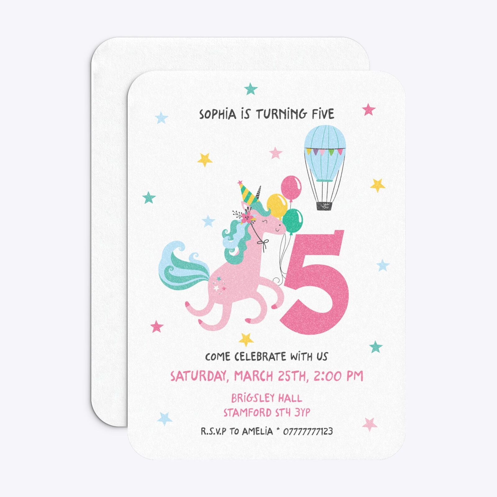 Unicorn Personalised Happy Birthday Rounded Invitation Glitter Front and Back Image