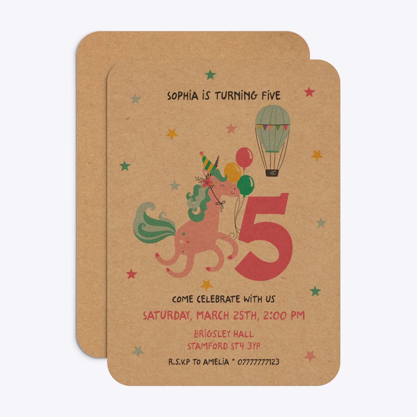 Unicorn Personalised Happy Birthday Rounded Invitation Kraft Front and Back Image