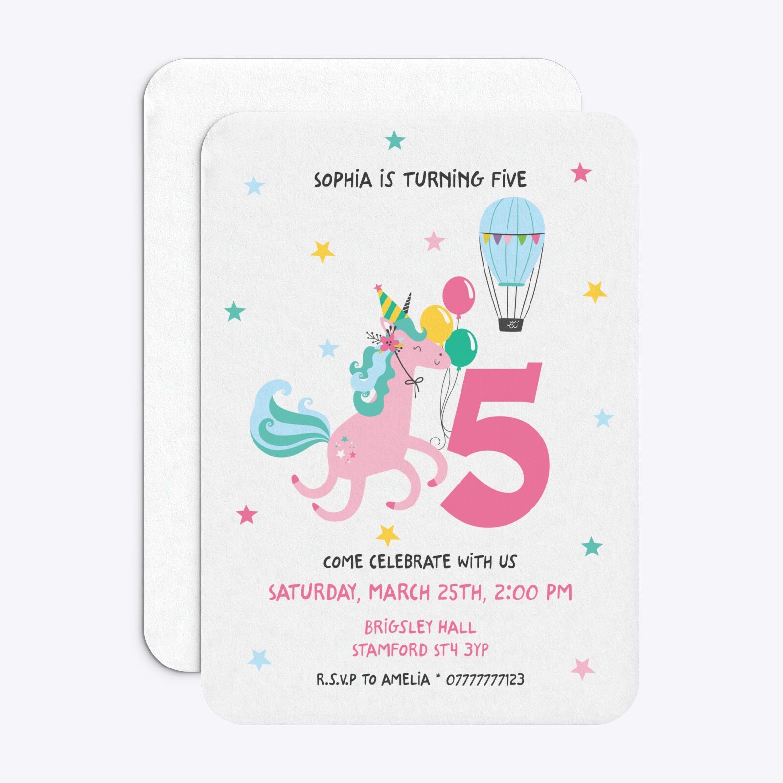 Unicorn Personalised Happy Birthday Rounded Invitation Matte Paper Front and Back Image