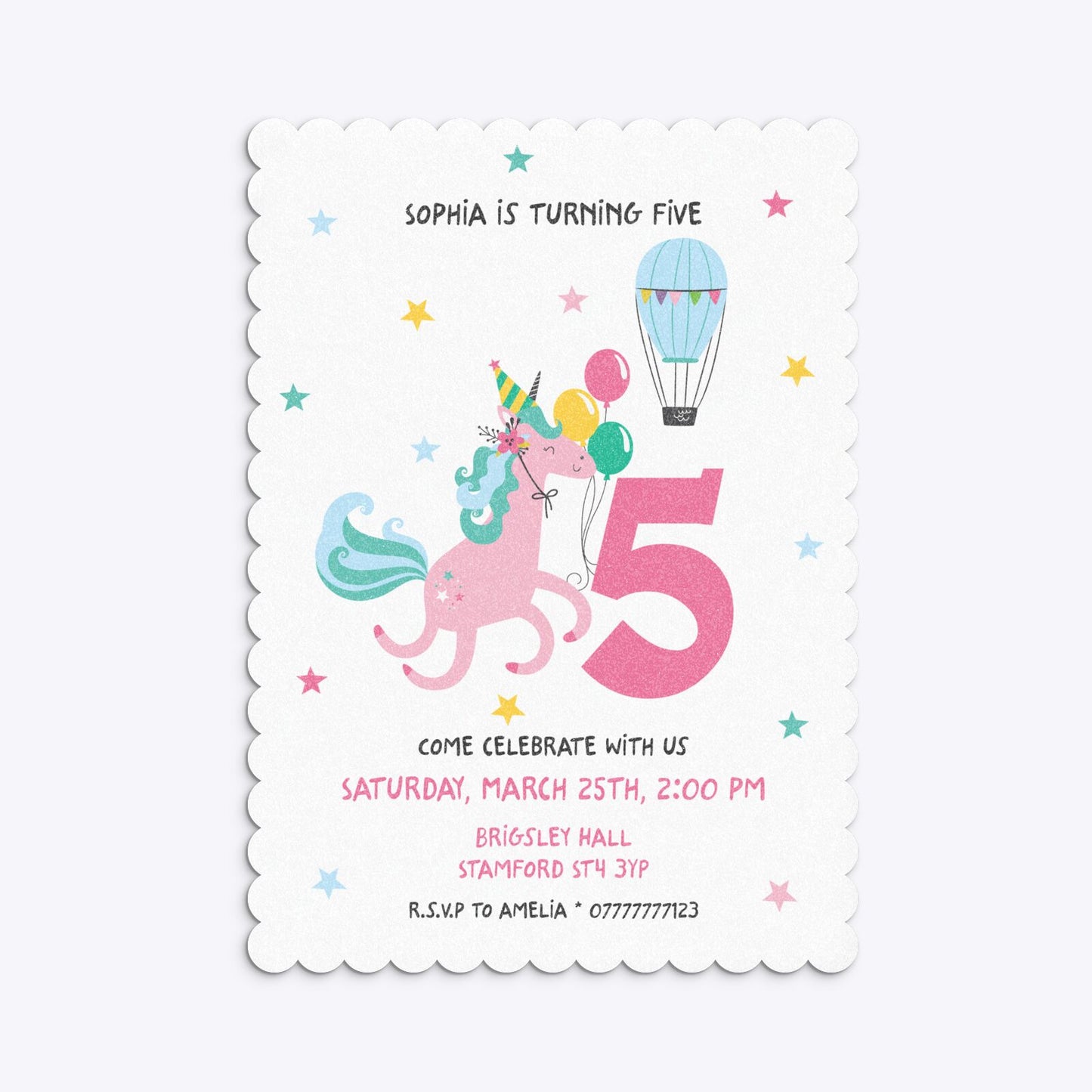 Unicorn Personalised Happy Birthday Scalloped Invitation Glitter