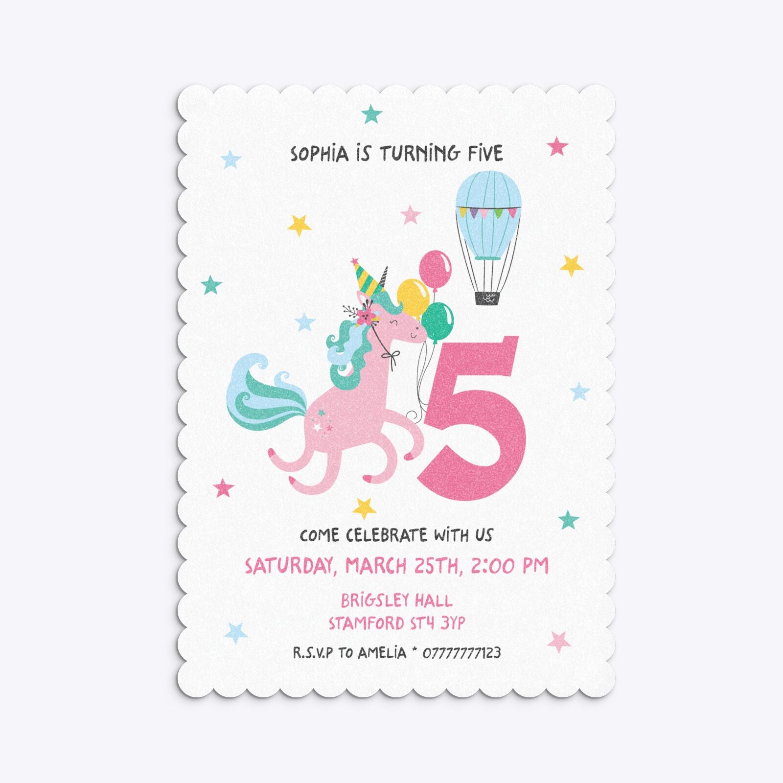 Unicorn Personalised Happy Birthday Scalloped Invitation Glitter