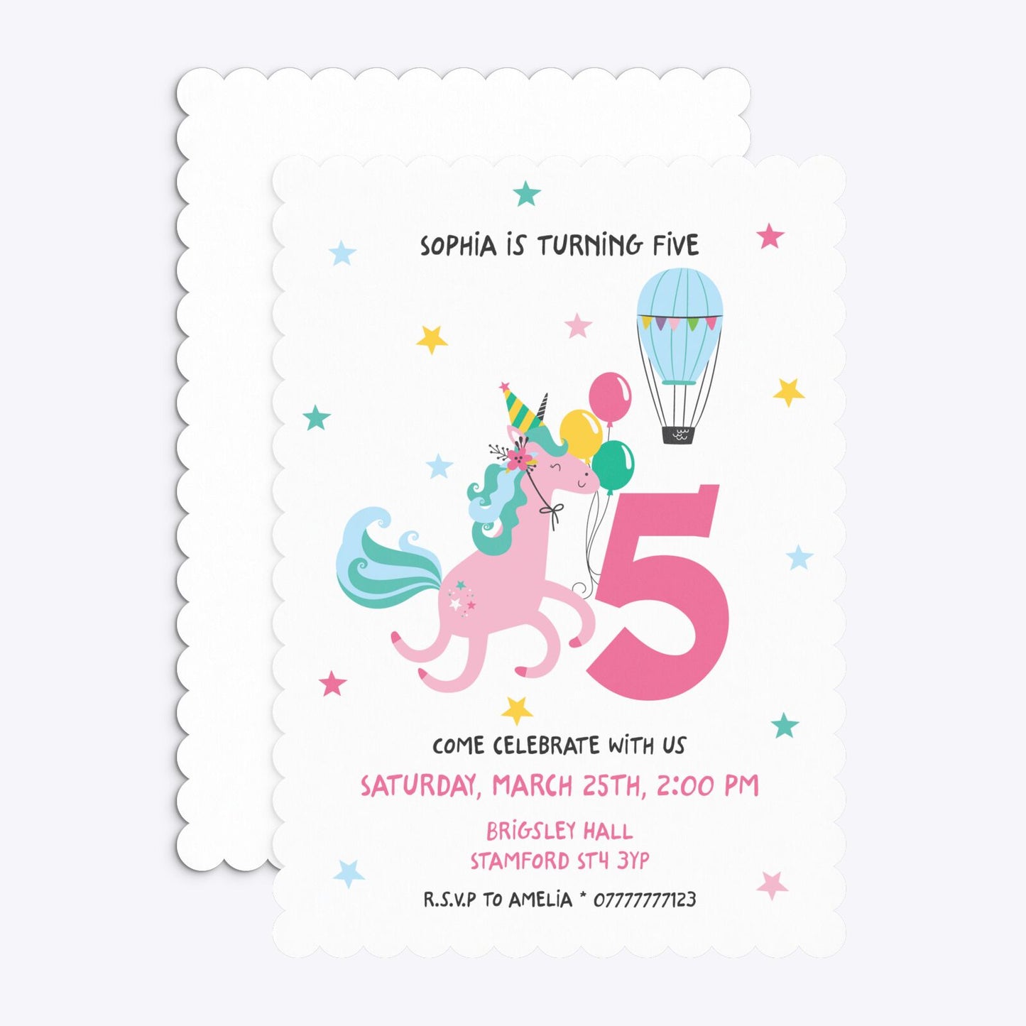 Unicorn Personalised Happy Birthday Scalloped Invitation Matte Paper Front and Back Image