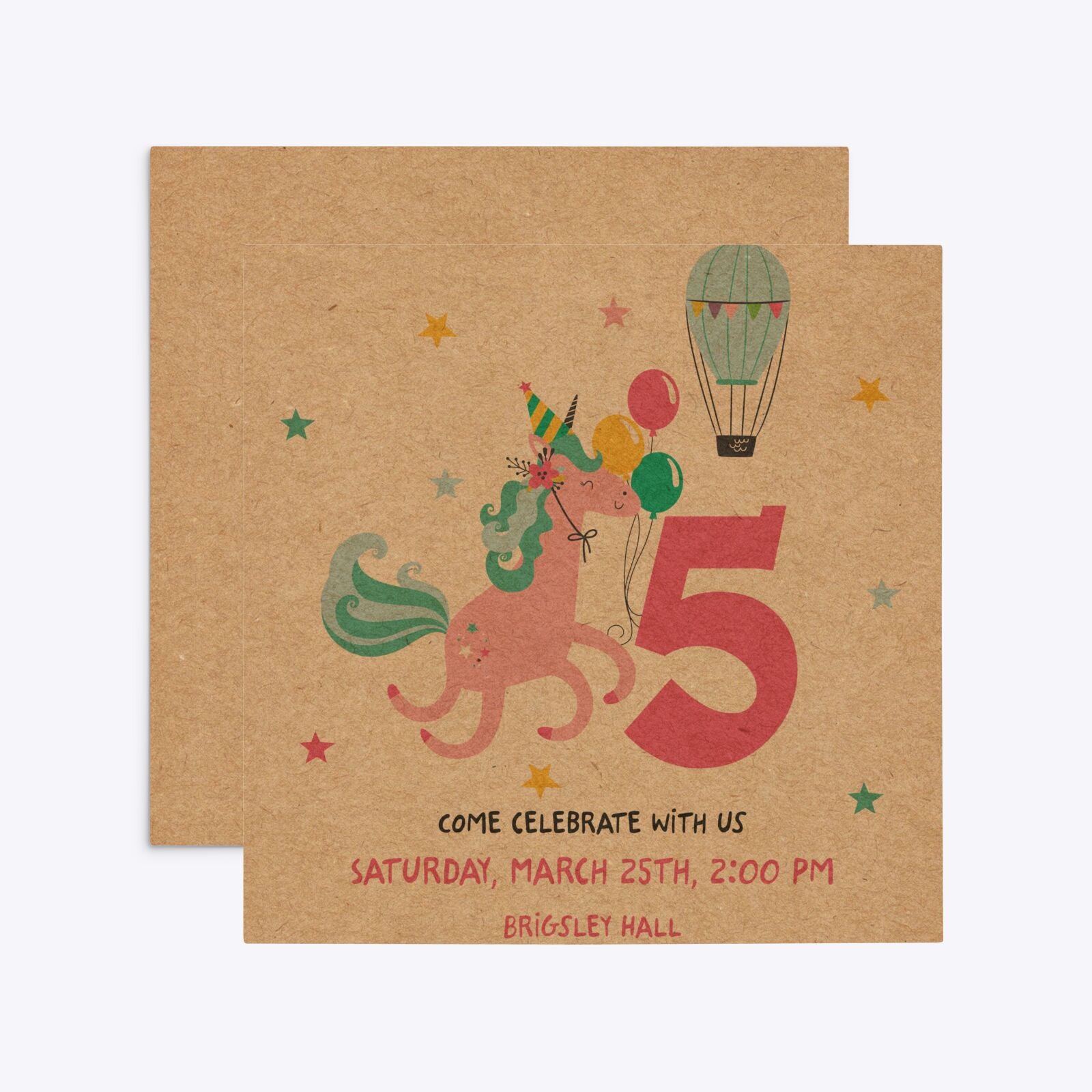 Unicorn Personalised Happy Birthday Square 5 25x5 25 Invitation Kraft Front and Back Image