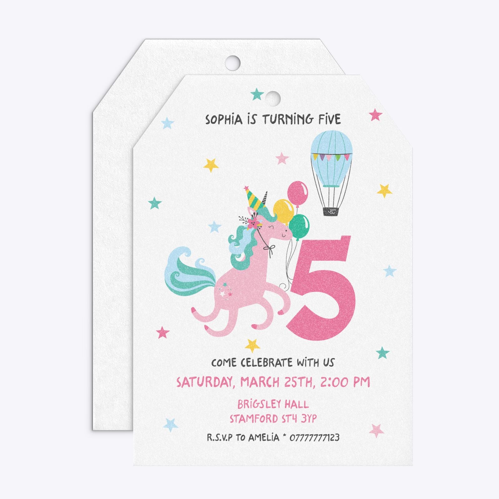 Unicorn Personalised Happy Birthday Tag Invitation Glitter Front and Back Image