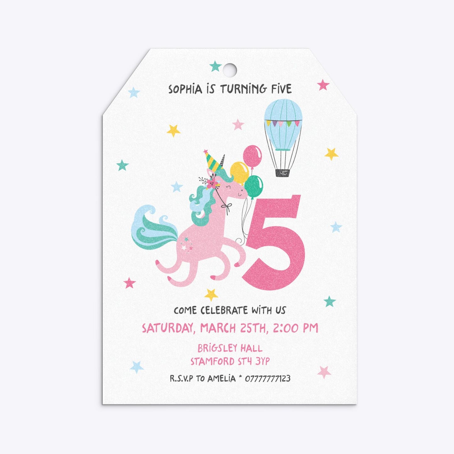 Unicorn Personalised Happy Birthday Tag Invitation Glitter