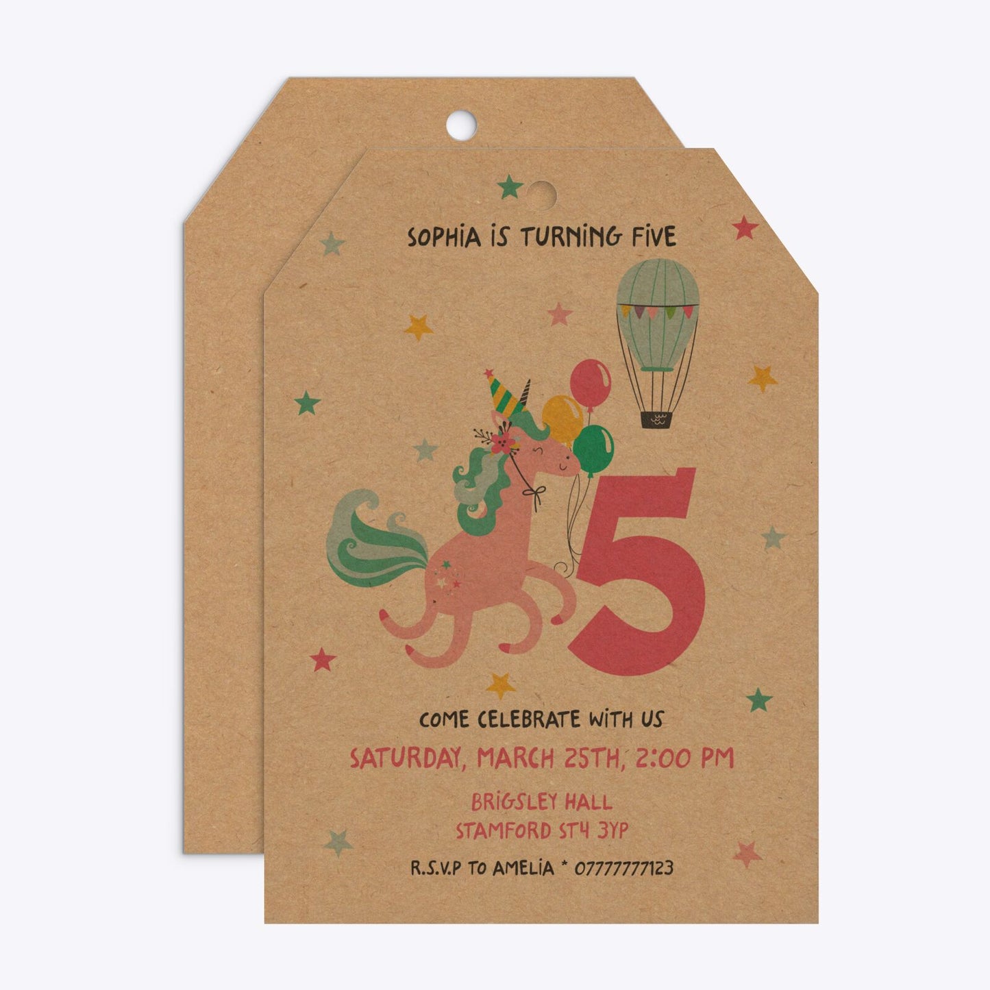 Unicorn Personalised Happy Birthday Tag Invitation Kraft Front and Back Image