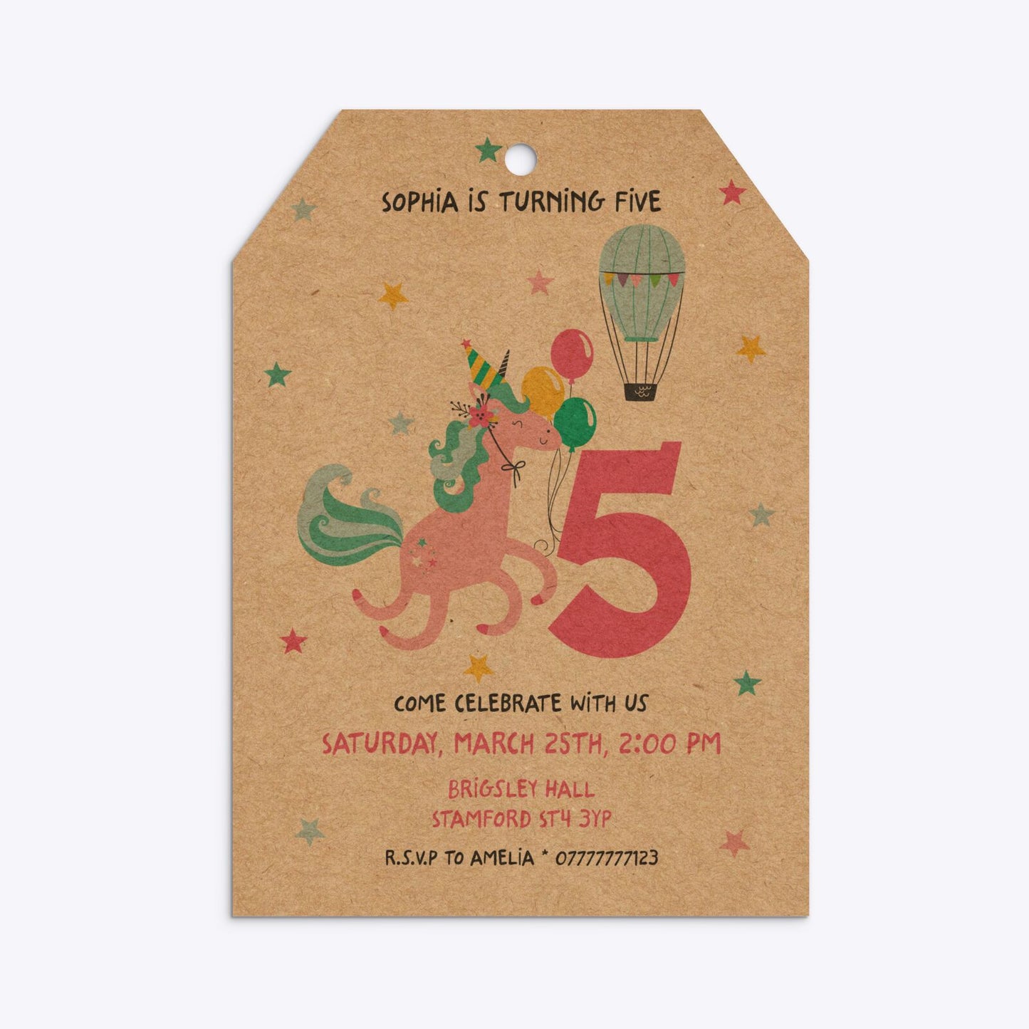 Unicorn Personalised Happy Birthday Tag Invitation Kraft