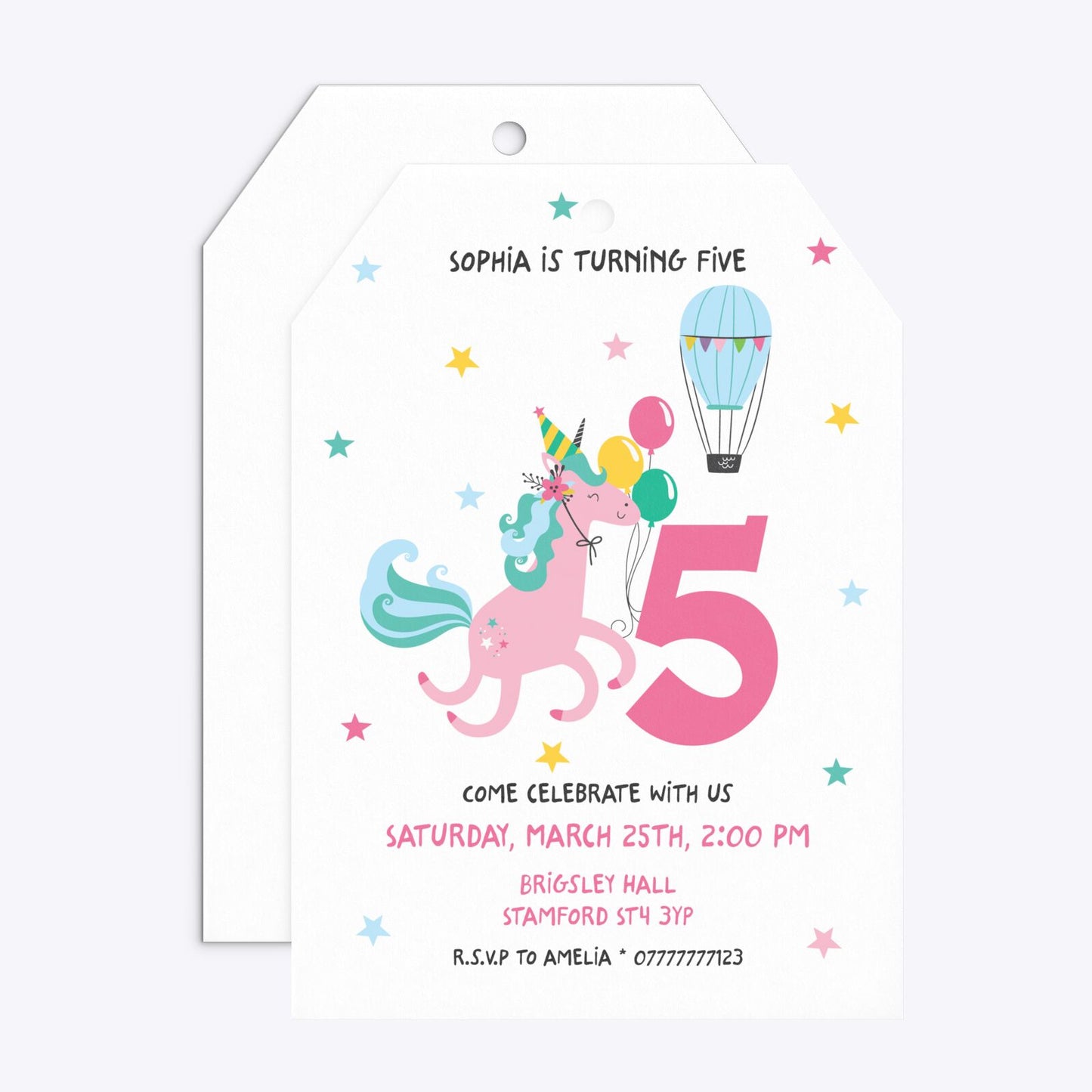 Unicorn Personalised Happy Birthday Tag Invitation Matte Paper Front and Back Image