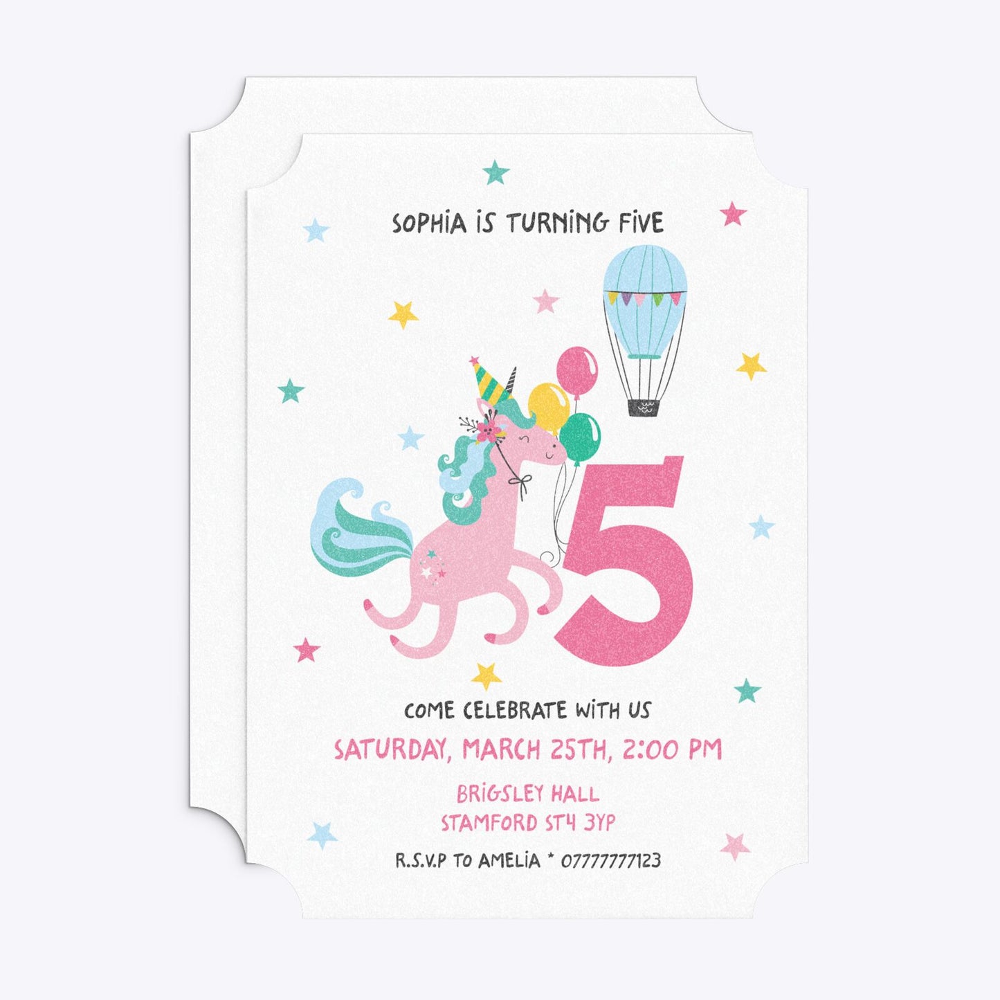 Unicorn Personalised Happy Birthday Ticket Invitation Glitter Front and Back Image