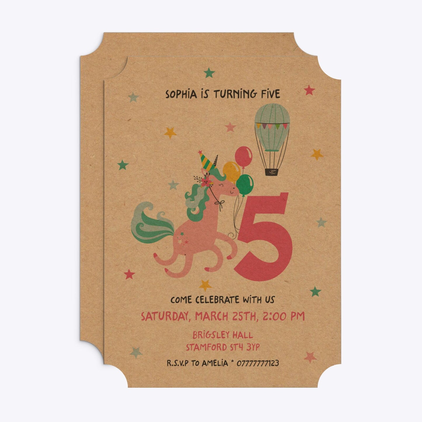 Unicorn Personalised Happy Birthday Ticket Invitation Kraft Front and Back Image