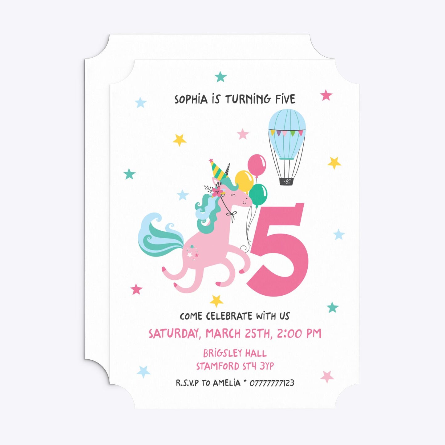 Unicorn Personalised Happy Birthday Ticket Invitation Matte Paper Front and Back Image