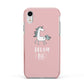 Unicorn Print Dream Big Apple iPhone XR Impact Case Pink Edge on Silver Phone