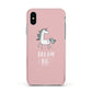 Unicorn Print Dream Big Apple iPhone Xs Impact Case Pink Edge on Silver Phone