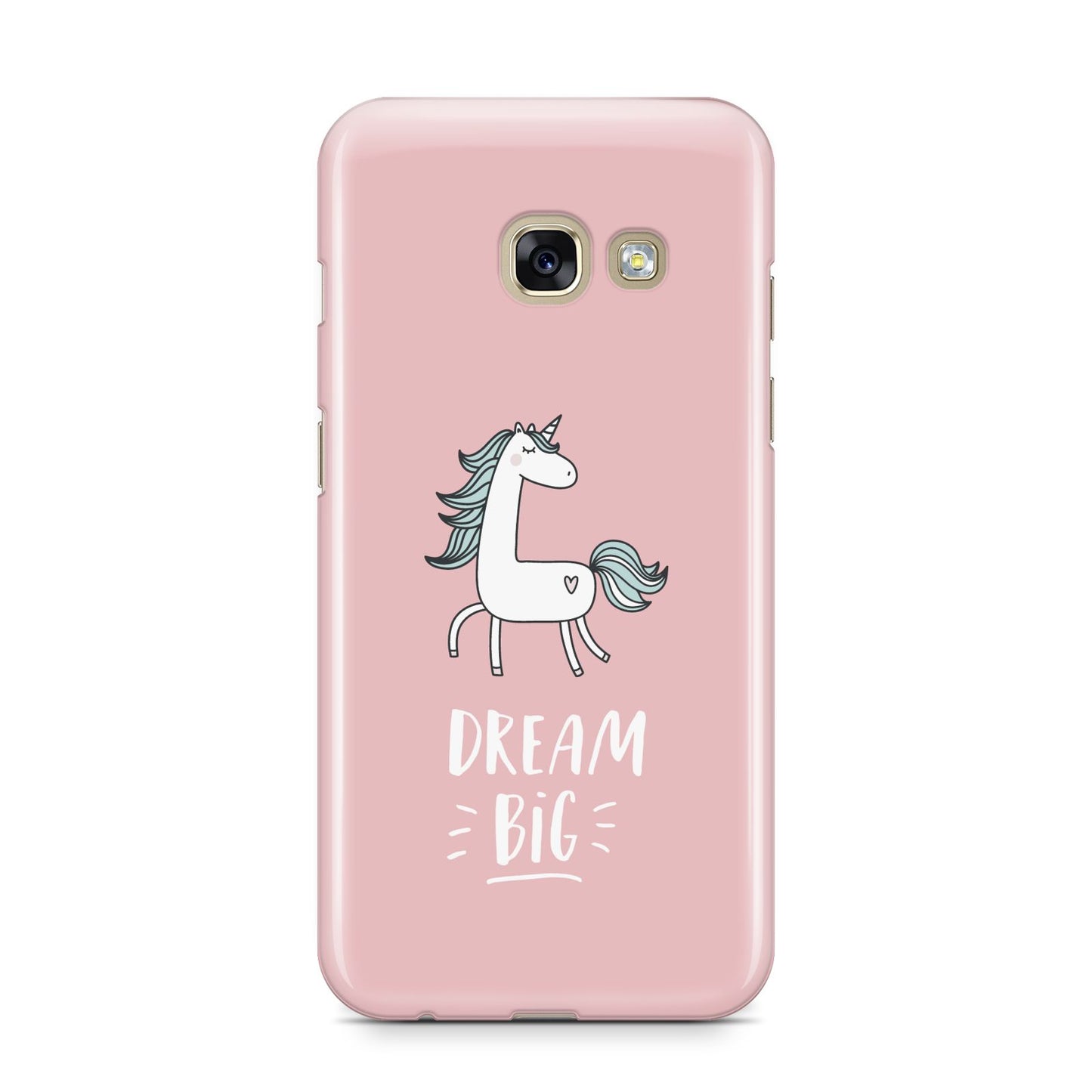 Unicorn Print Dream Big Samsung Galaxy A3 2017 Case on gold phone