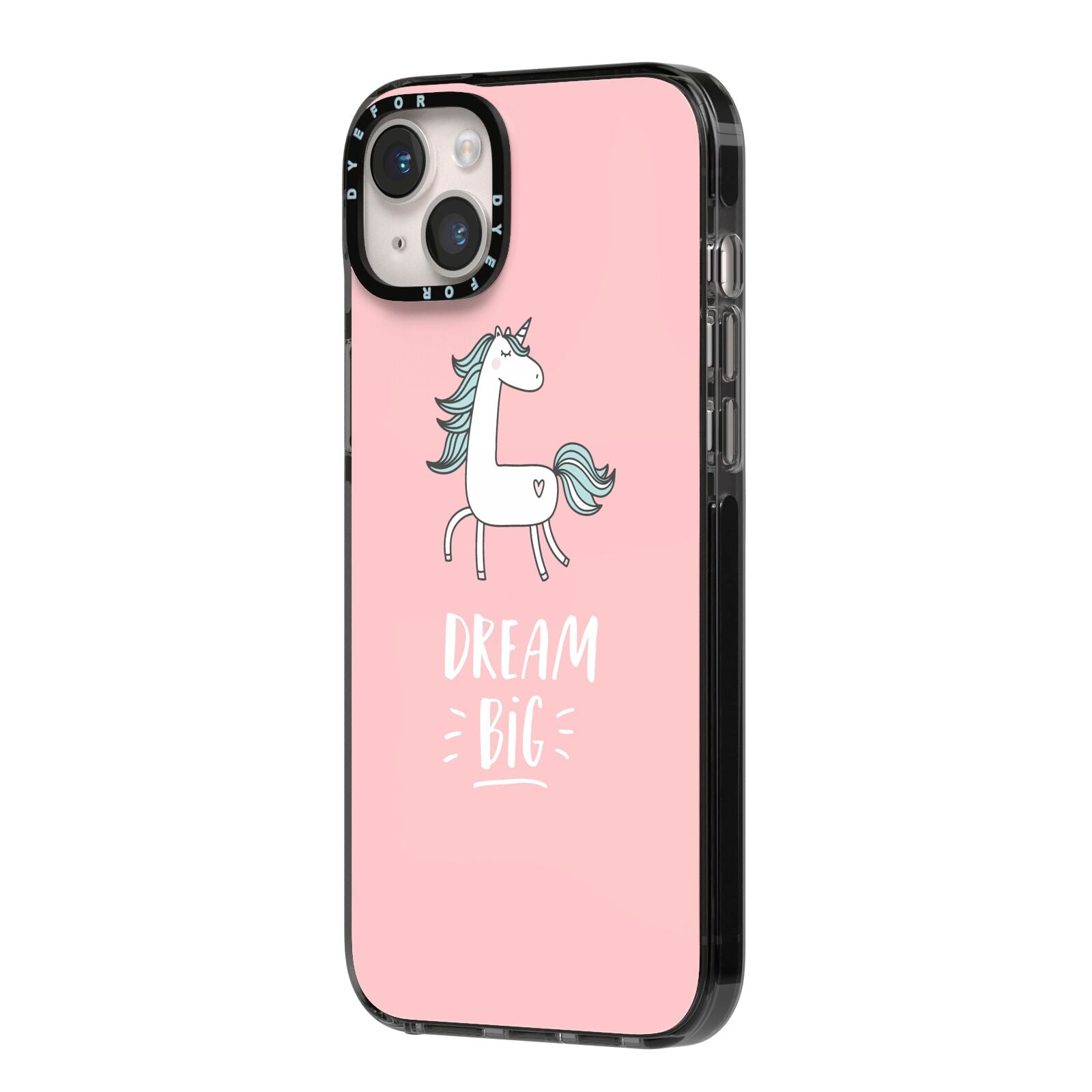 Unicorn Print Dream Big iPhone 14 Plus Black Impact Case Side Angle on Silver phone