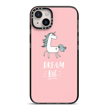 Unicorn Print Dream Big iPhone 14 Plus Black Impact Case on Silver phone