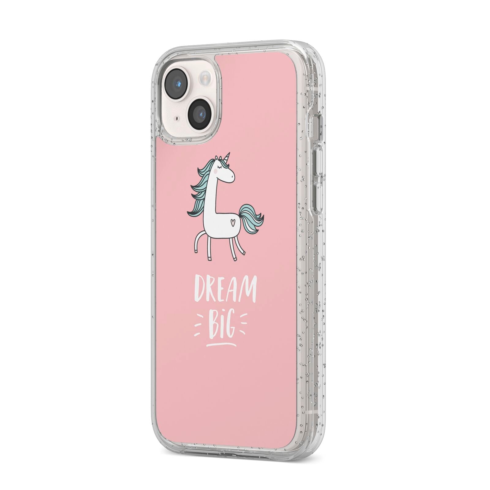 Unicorn Print Dream Big iPhone 14 Plus Glitter Tough Case Starlight Angled Image