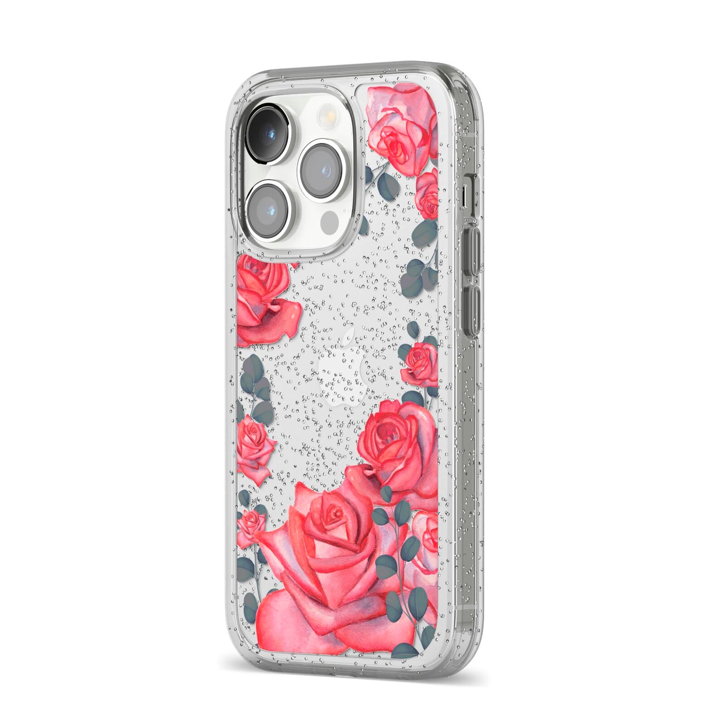 Valentine Floral iPhone 14 Pro Glitter Tough Case Silver Angled Image