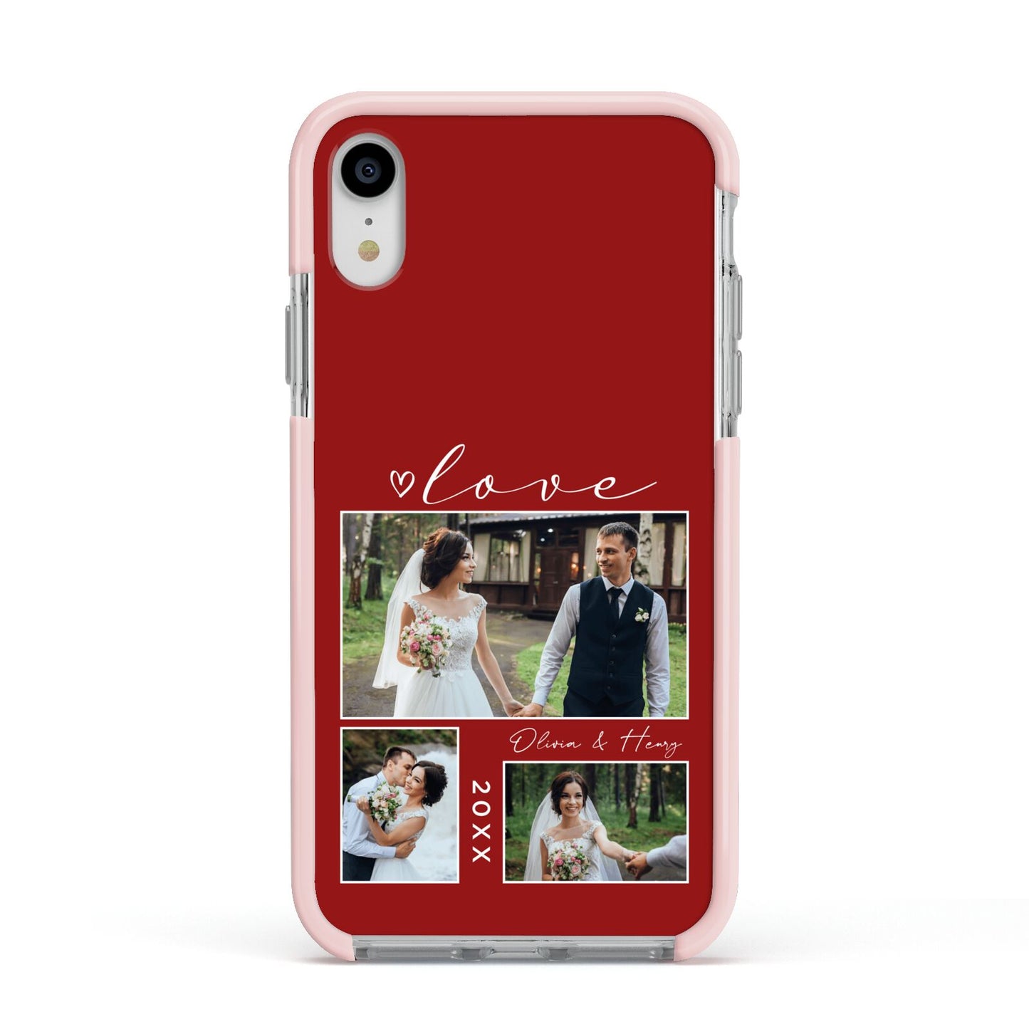 Valentine Wedding Photo Personalised Apple iPhone XR Impact Case Pink Edge on Silver Phone