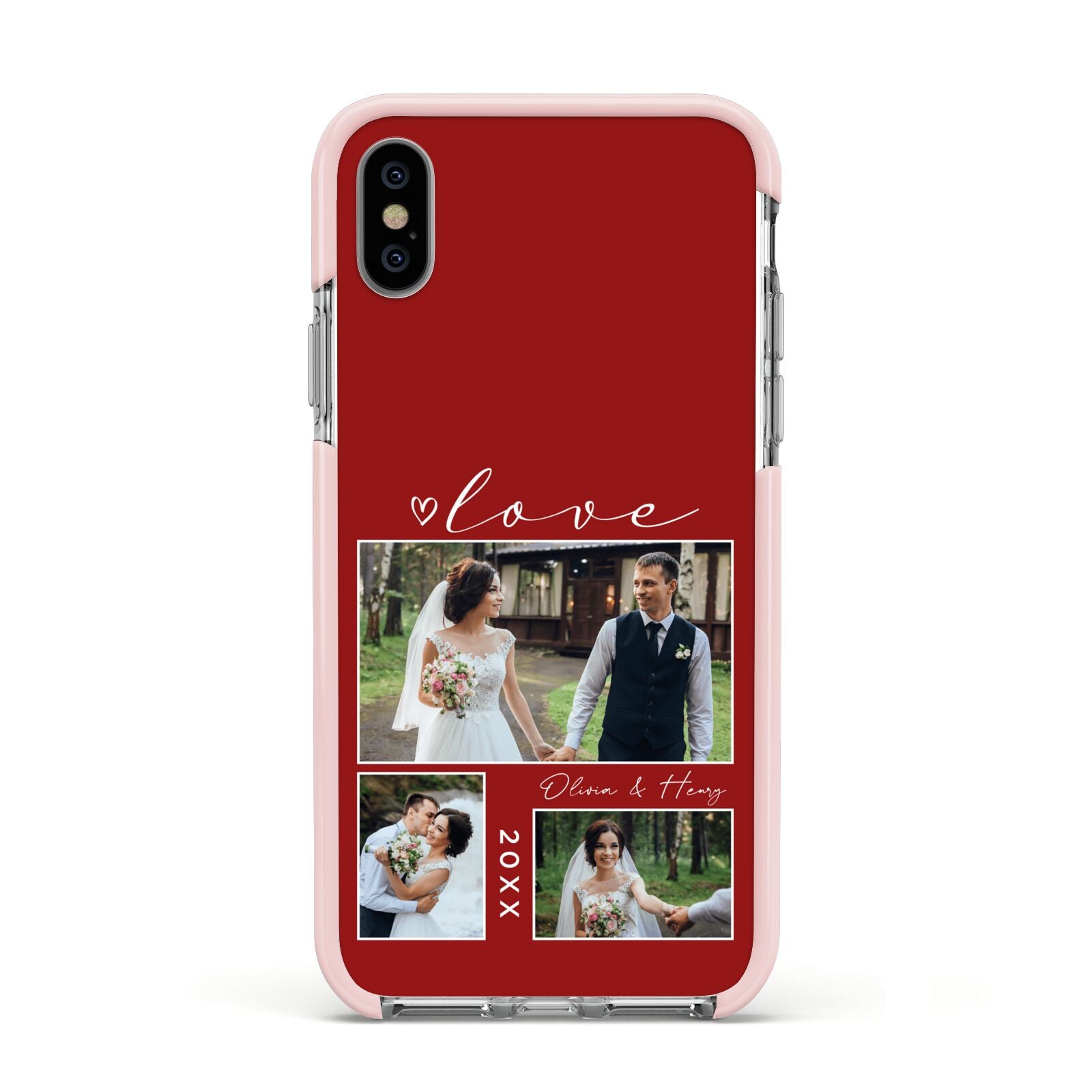 Valentine Wedding Photo Personalised Apple iPhone Xs Impact Case Pink Edge on Silver Phone
