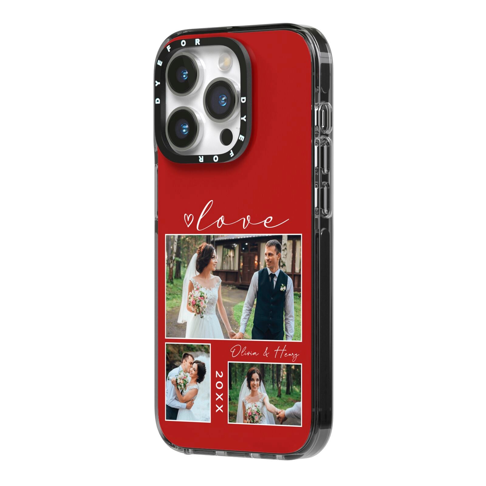 Valentine Wedding Photo Personalised iPhone 14 Pro Black Impact Case Side Angle on Silver phone