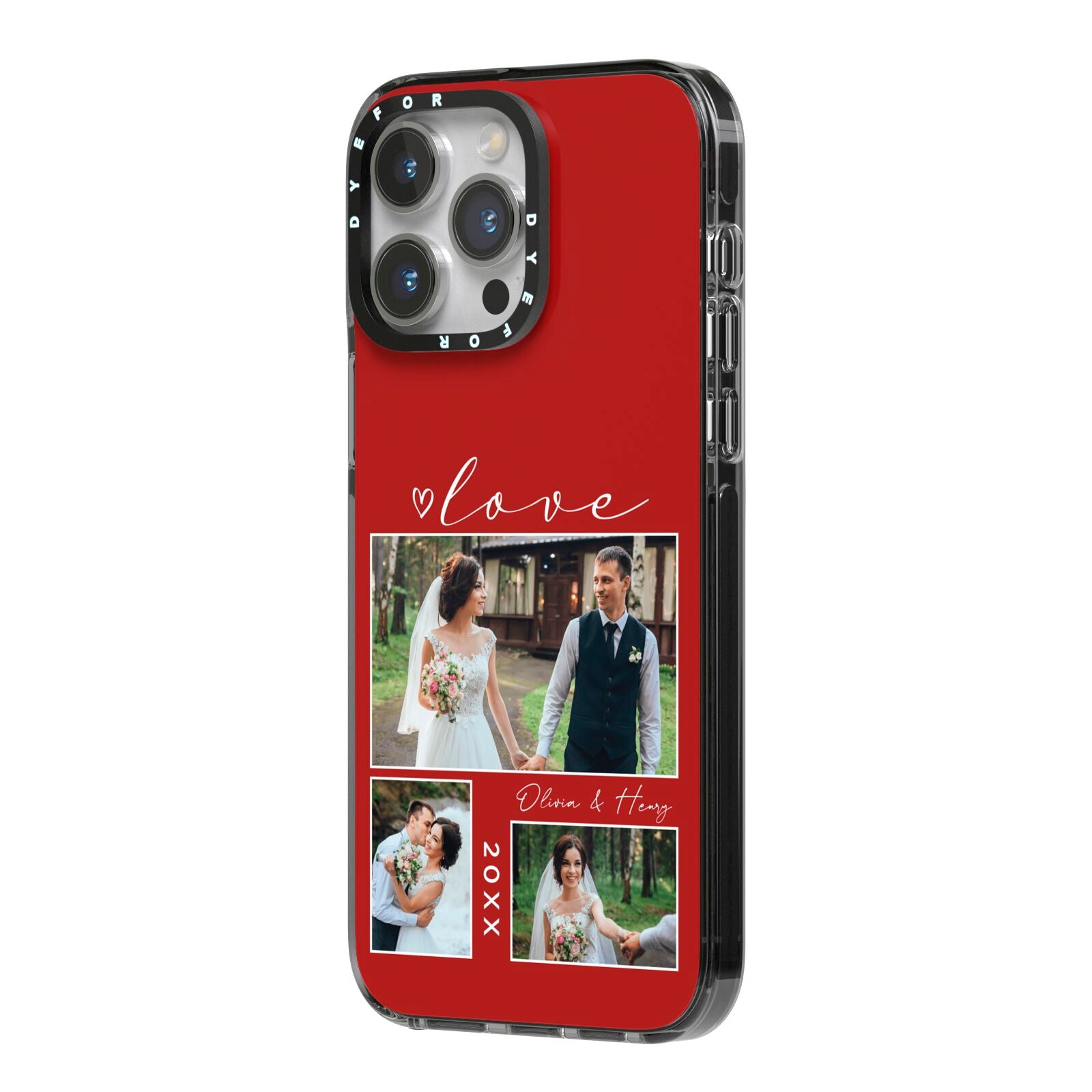 Valentine Wedding Photo Personalised iPhone 14 Pro Max Black Impact Case Side Angle on Silver phone