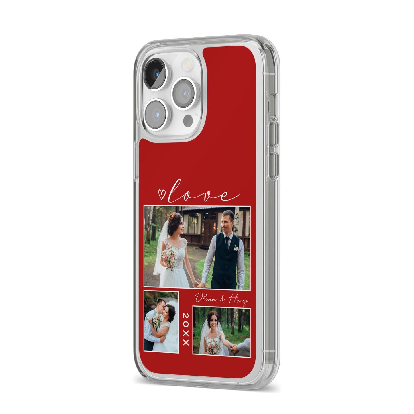 Valentine Wedding Photo Personalised iPhone 14 Pro Max Clear Tough Case Silver Angled Image