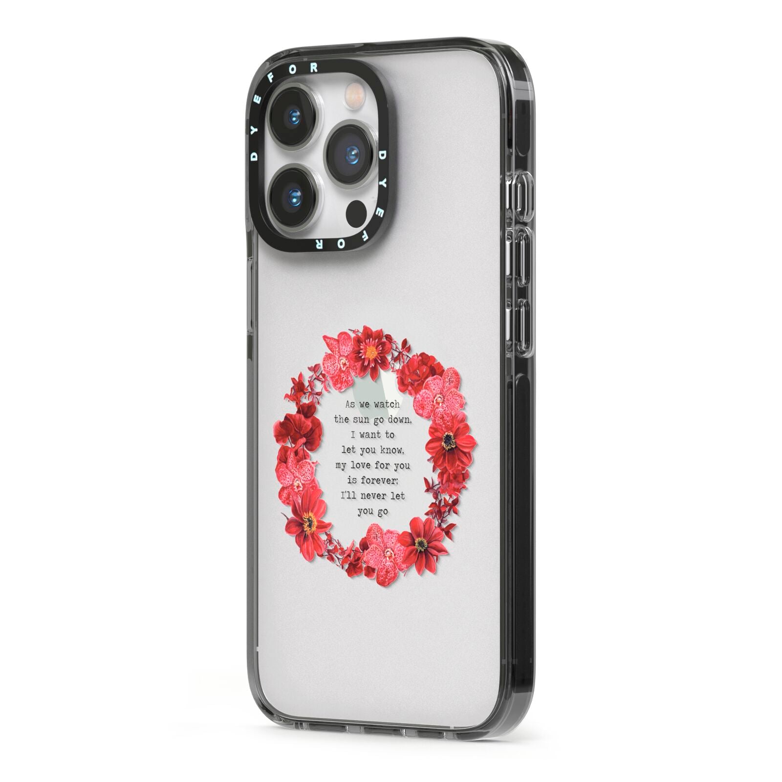 Valentine Wreath Quote iPhone 13 Pro Black Impact Case Side Angle on Silver phone