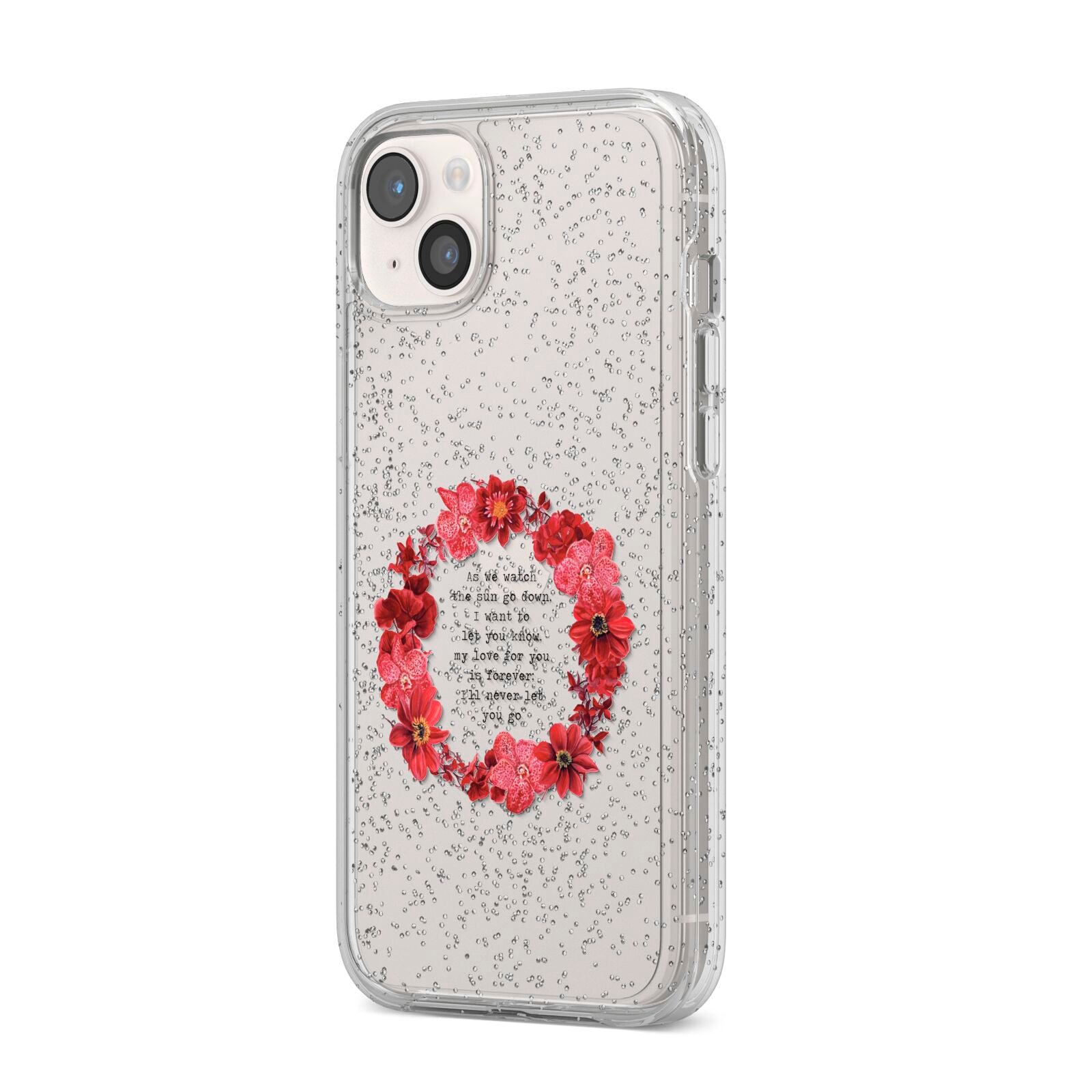 Valentine Wreath Quote iPhone 14 Plus Glitter Tough Case Starlight Angled Image