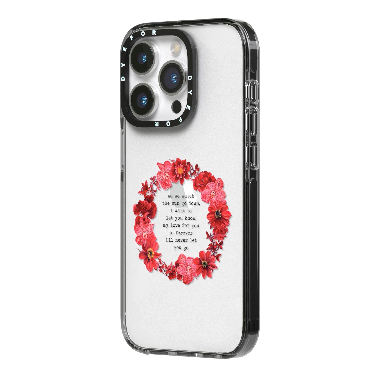 Valentine Wreath Quote iPhone 14 Pro Black Impact Case Side Angle on Silver phone