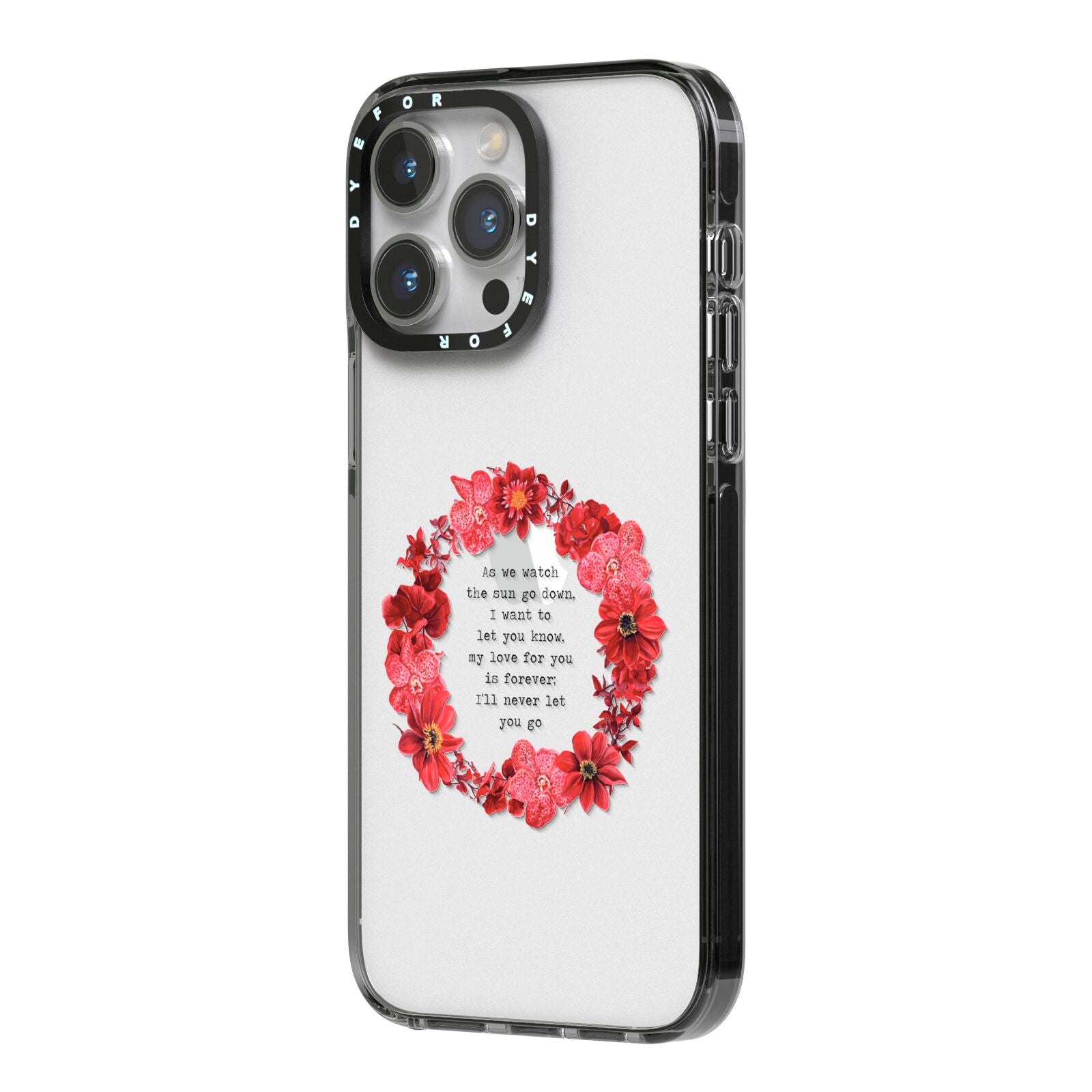Valentine Wreath Quote iPhone 14 Pro Max Black Impact Case Side Angle on Silver phone