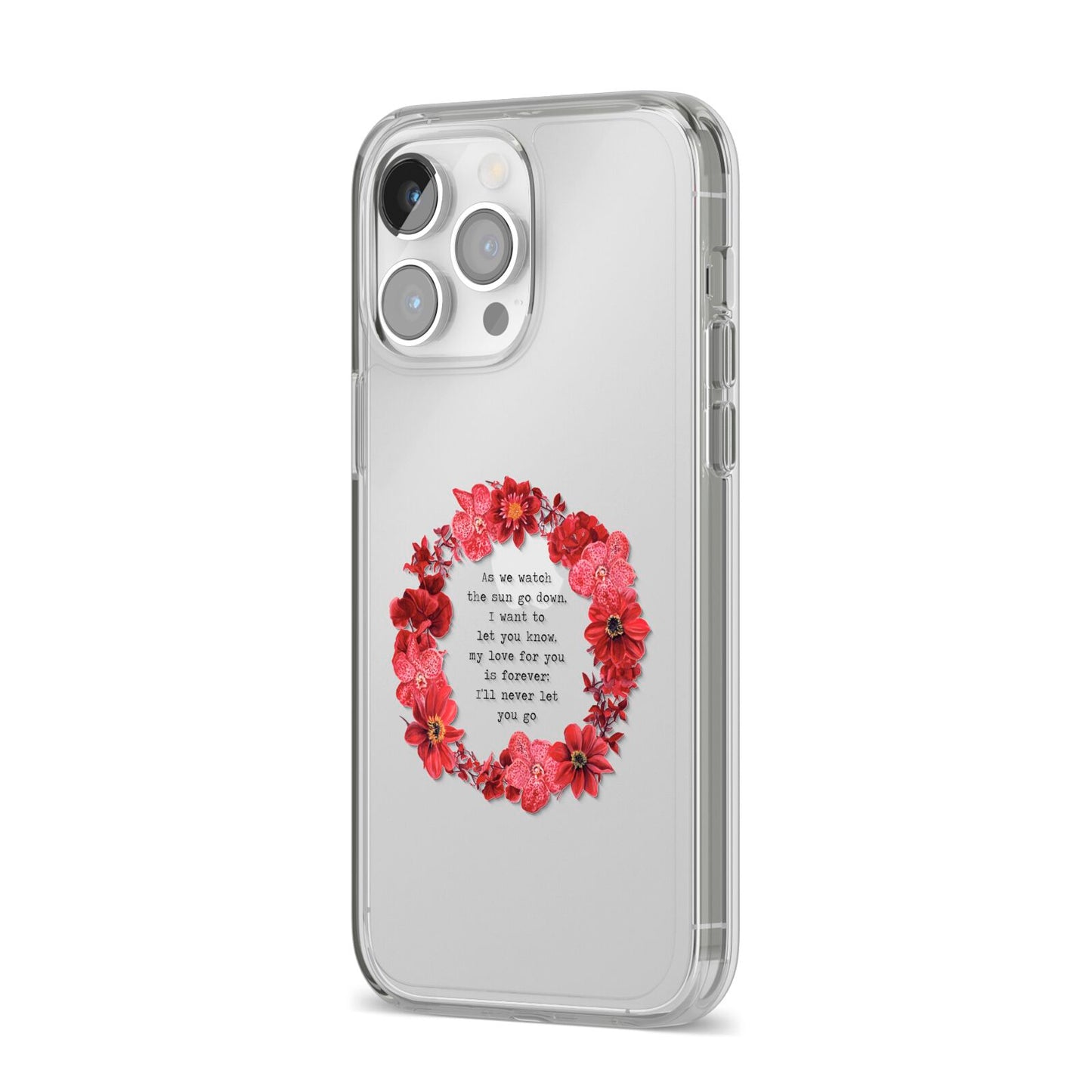 Valentine Wreath Quote iPhone 14 Pro Max Clear Tough Case Silver Angled Image
