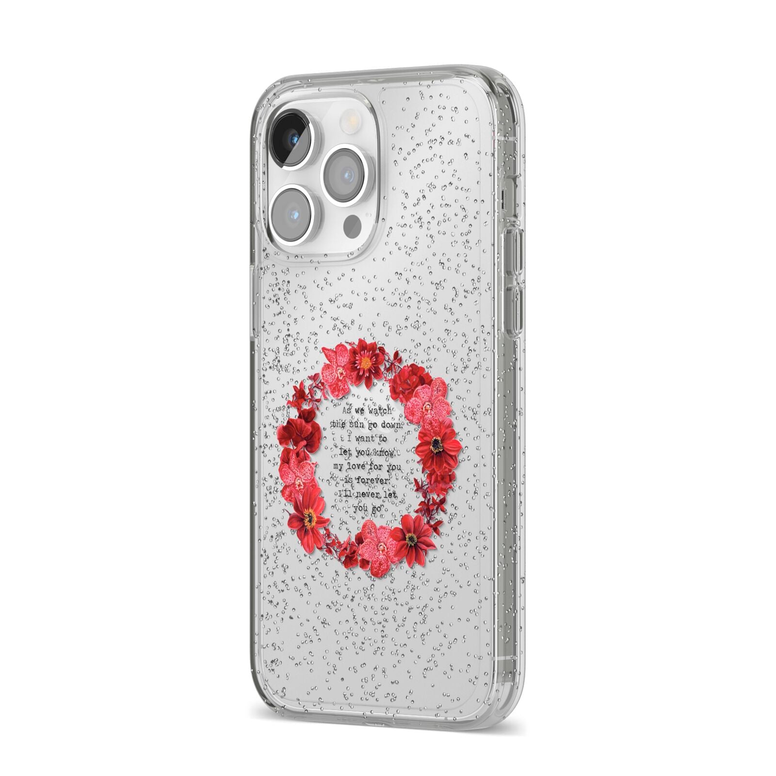 Valentine Wreath Quote iPhone 14 Pro Max Glitter Tough Case Silver Angled Image