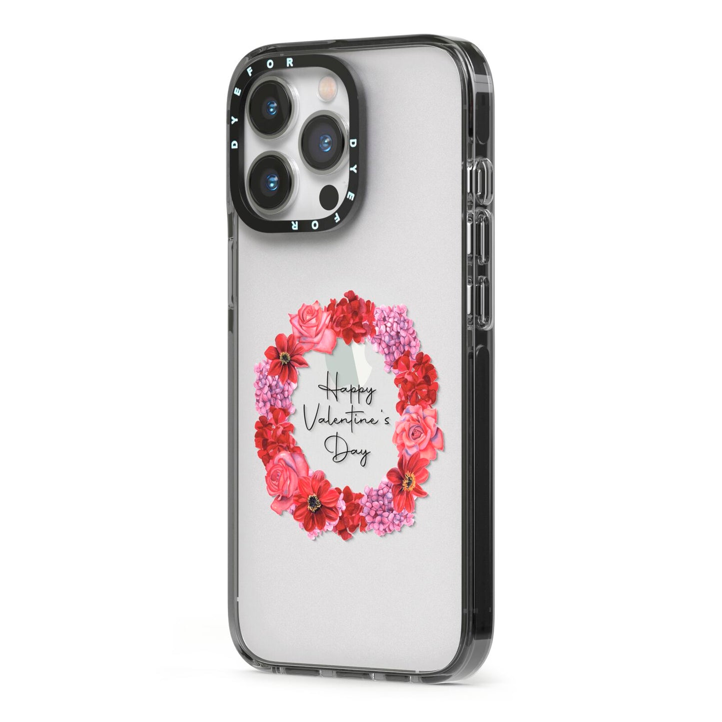 Valentine Wreath iPhone 13 Pro Black Impact Case Side Angle on Silver phone